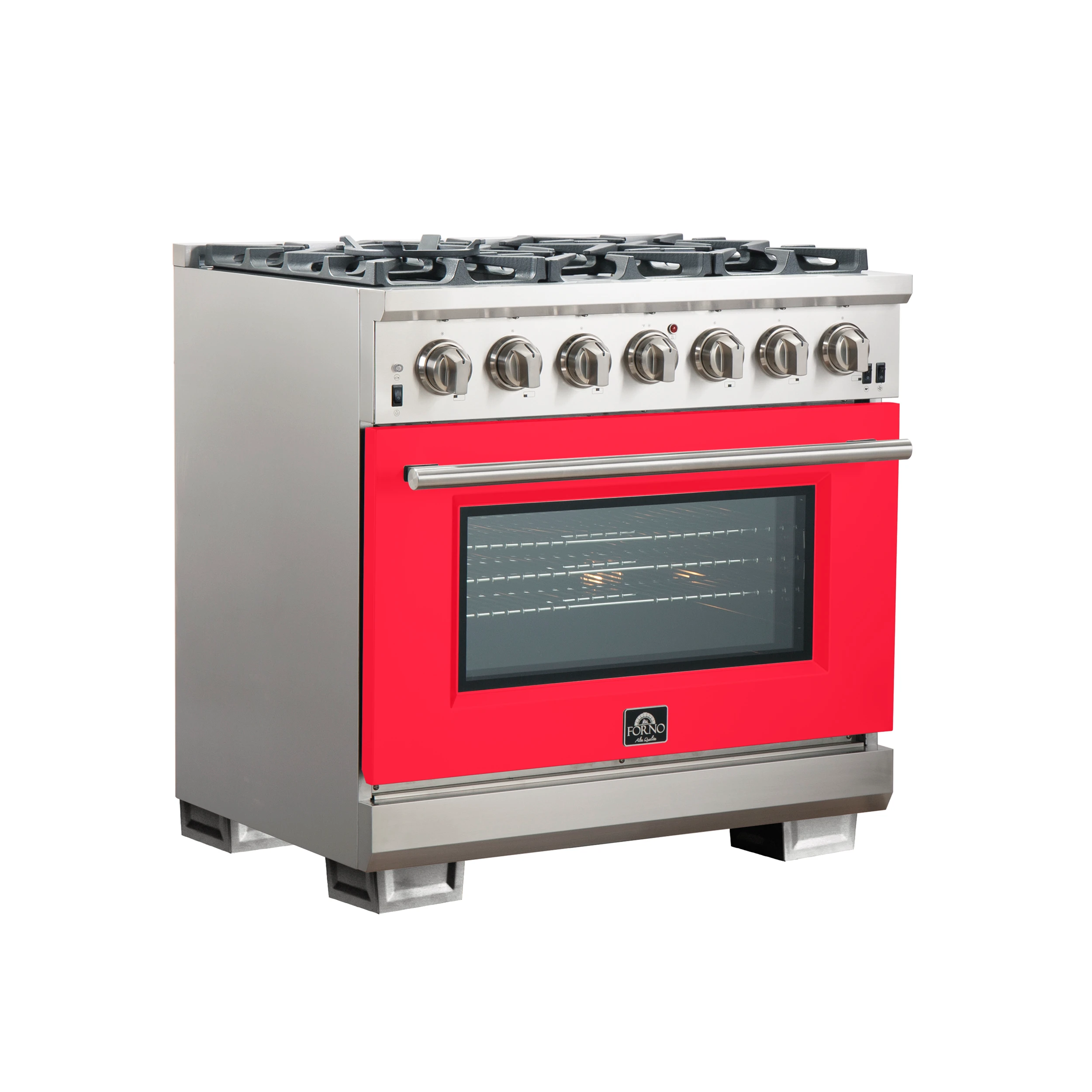 Capriasca 36-Inch Gas Range, Stainless Steel, 6 Brass Burners, 120,000 BTU, Convection Oven, Energy Efficient, Red Door FFSGS626036RED