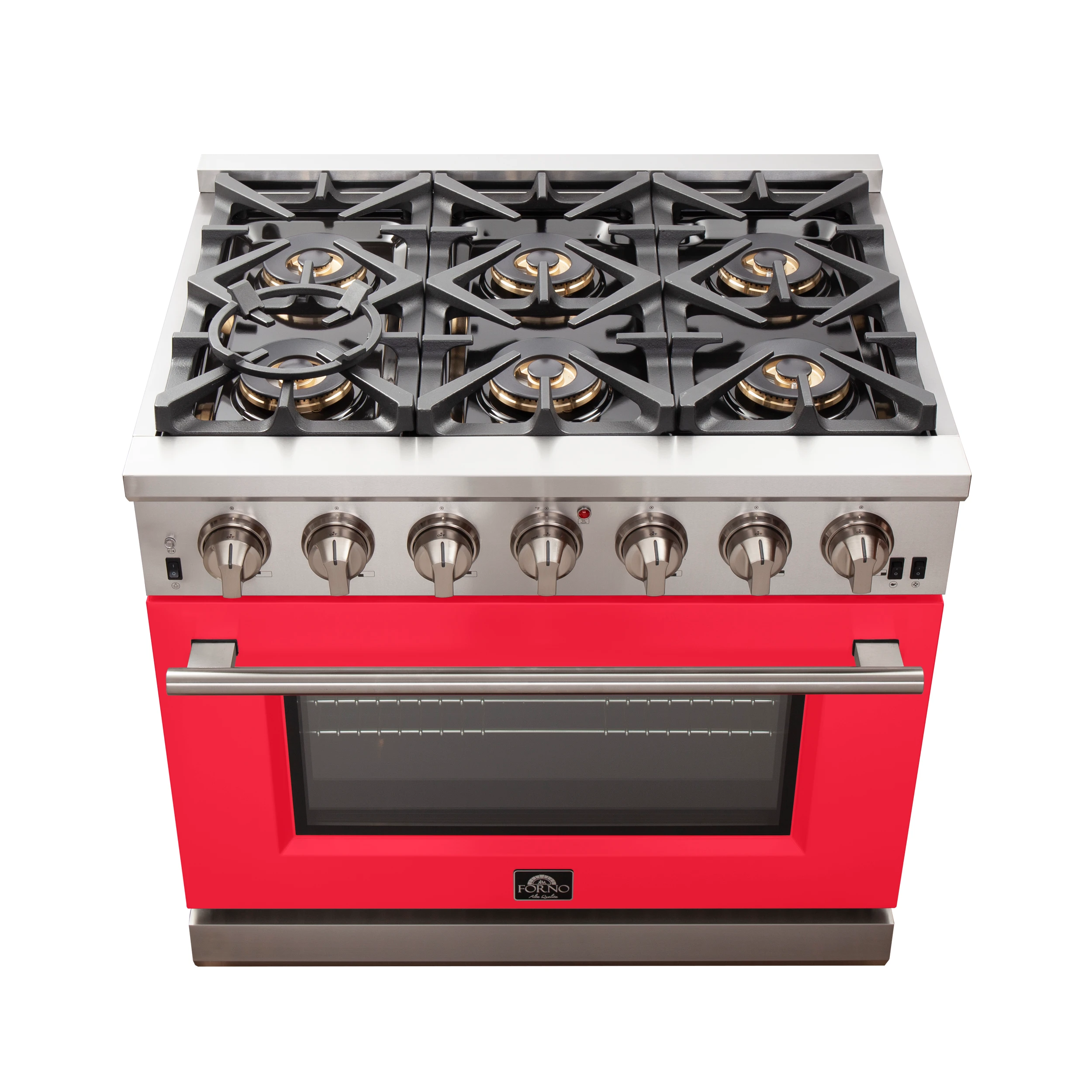 Capriasca 36-Inch Gas Range, Stainless Steel, 6 Brass Burners, 120,000 BTU, Convection Oven, Energy Efficient, Red Door FFSGS626036RED