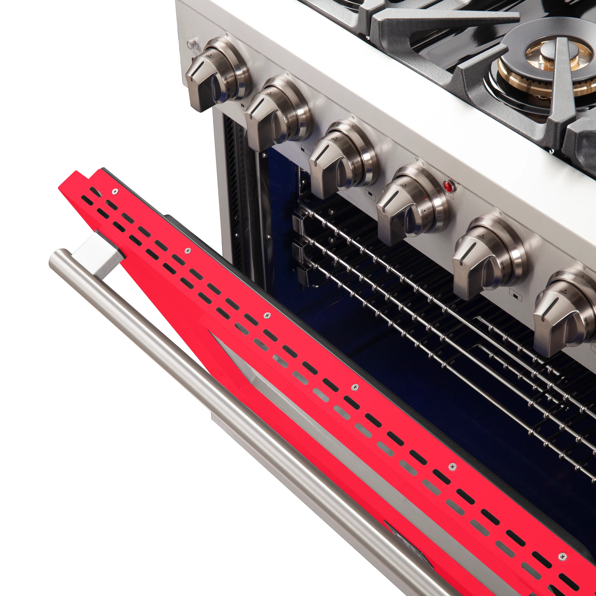 Capriasca 36-Inch Gas Range, Stainless Steel, 6 Brass Burners, 120,000 BTU, Convection Oven, Energy Efficient, Red Door FFSGS626036RED