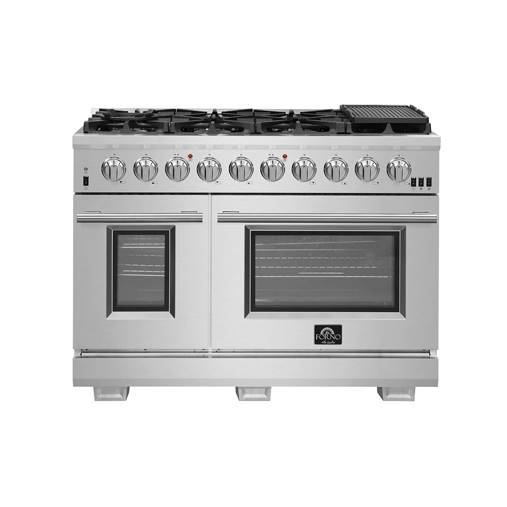 Capriasca 48-inch Gas Range Stainless Steel, 8 Brass Burners 160,000 BTU, 6.58 cu.ft. Double Oven FFSGS626048