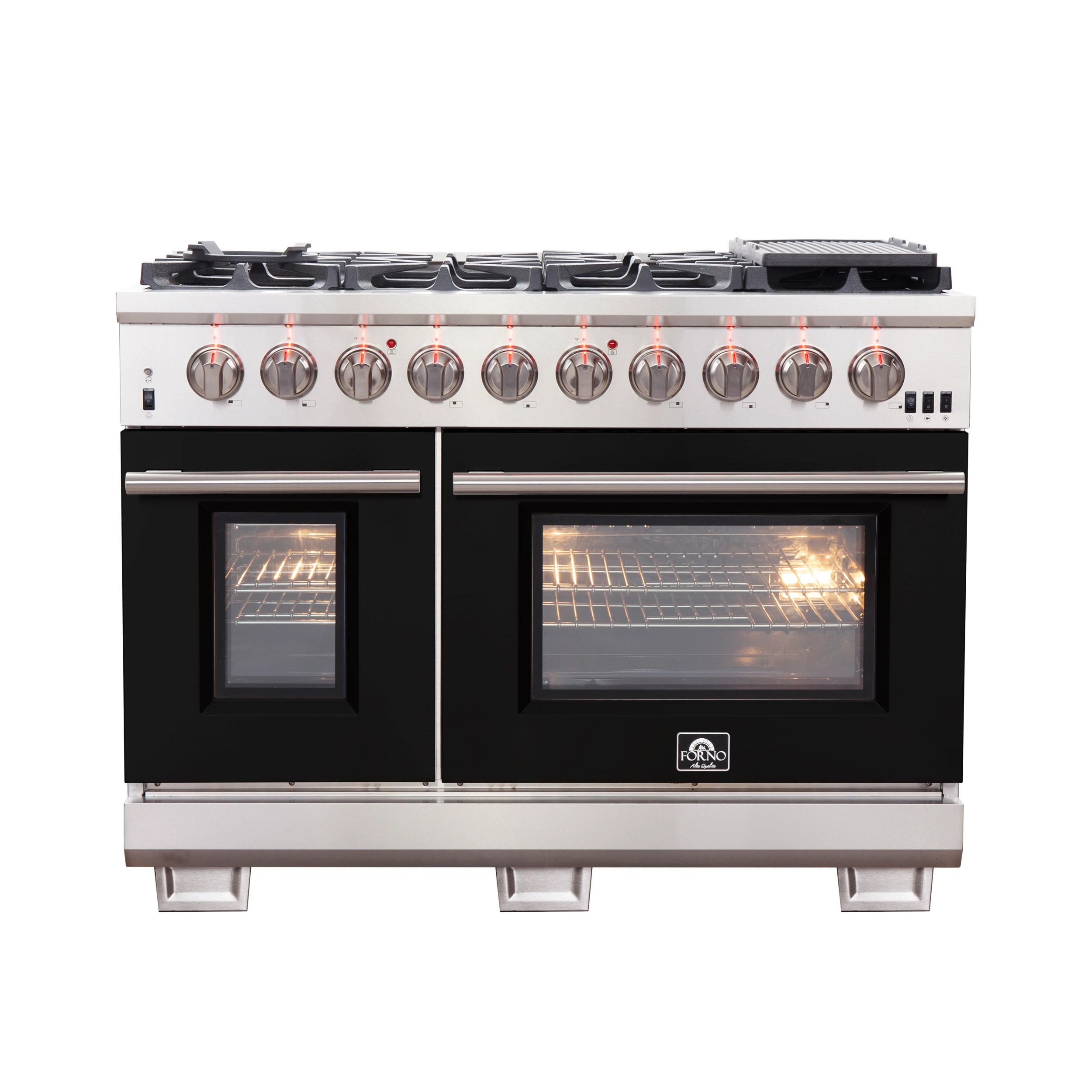 Capriasca 48-inch Gas Range Stainless Steel, 8 Brass Burners 160,000 BTU, 6.58 cu.ft. Double Oven, Black Doors FFSGS626048BLK