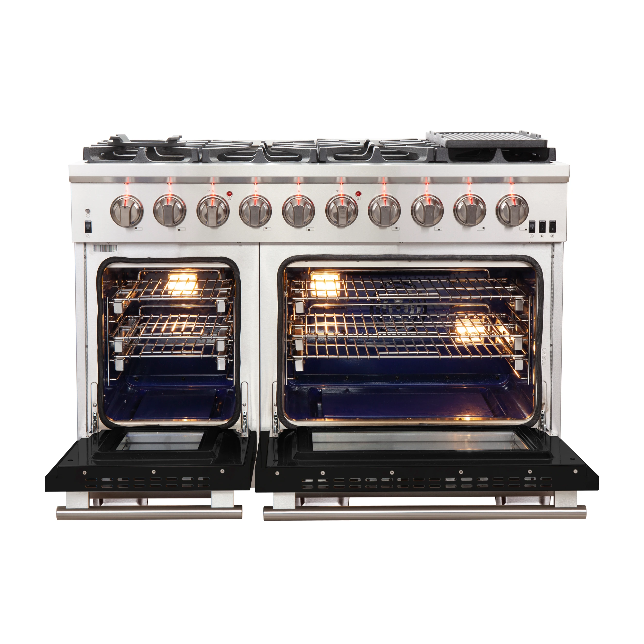 Capriasca 48-inch Gas Range Stainless Steel, 8 Brass Burners 160,000 BTU, 6.58 cu.ft. Double Oven, Black Doors FFSGS626048BLK