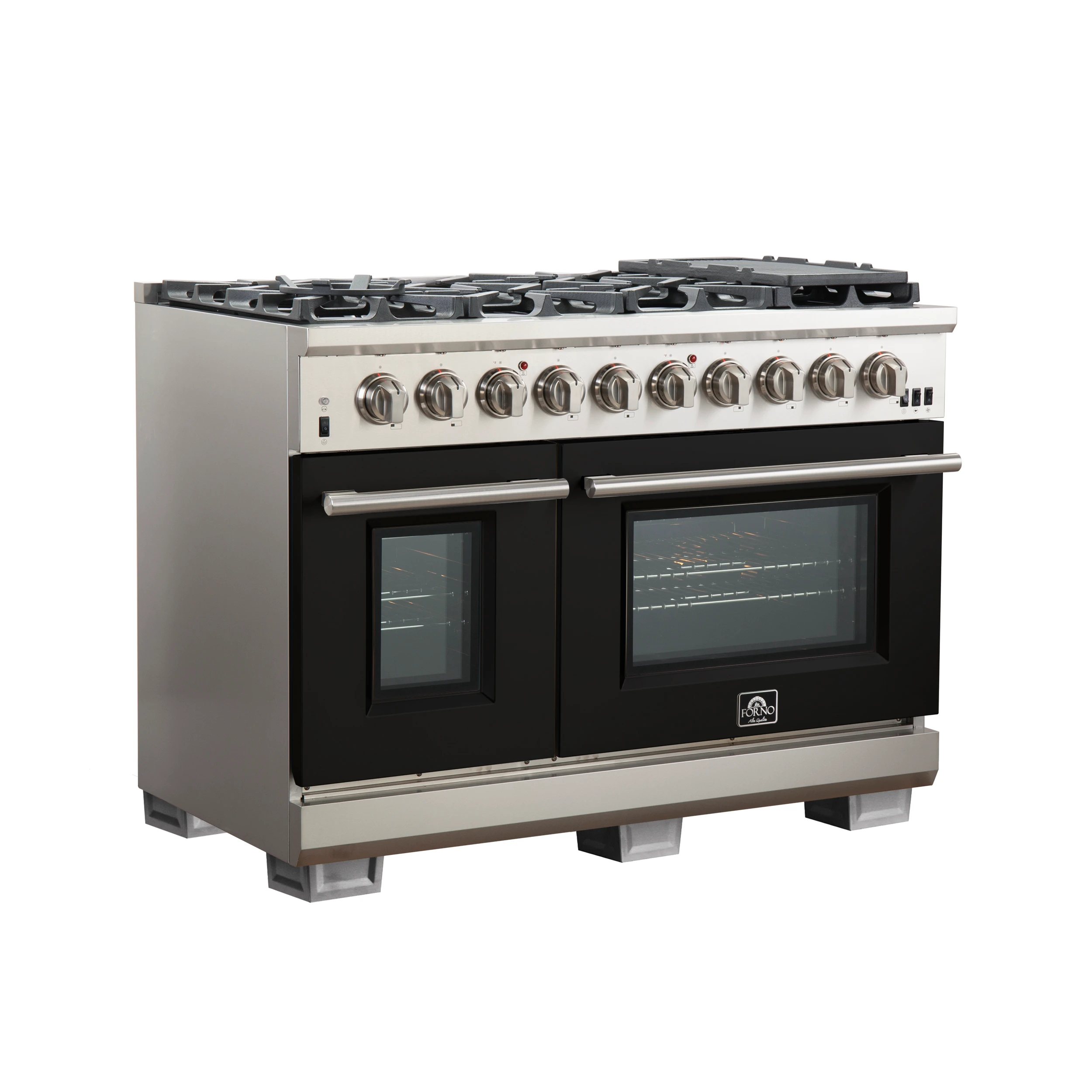 Capriasca 48-inch Gas Range Stainless Steel, 8 Brass Burners 160,000 BTU, 6.58 cu.ft. Double Oven, Black Doors FFSGS626048BLK