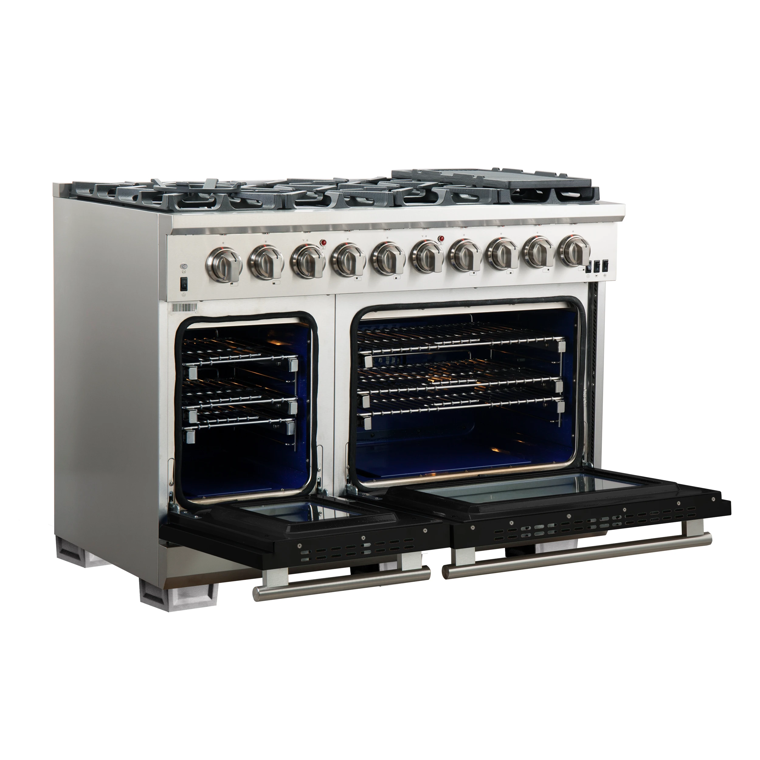 Capriasca 48-inch Gas Range Stainless Steel, 8 Brass Burners 160,000 BTU, 6.58 cu.ft. Double Oven, Black Doors FFSGS626048BLK