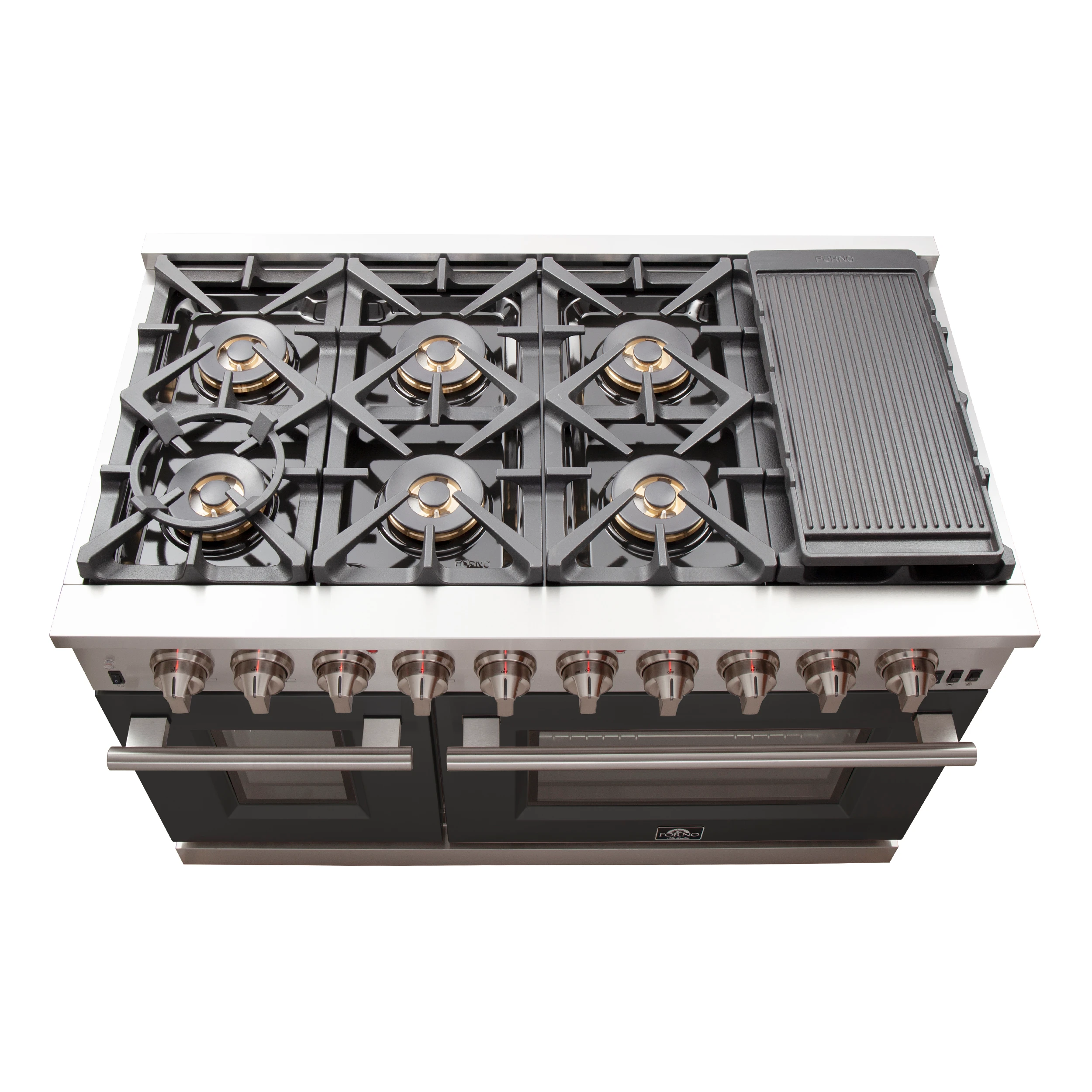 Capriasca 48-inch Gas Range Stainless Steel, 8 Brass Burners 160,000 BTU, 6.58 cu.ft. Double Oven, Black Doors FFSGS626048BLK