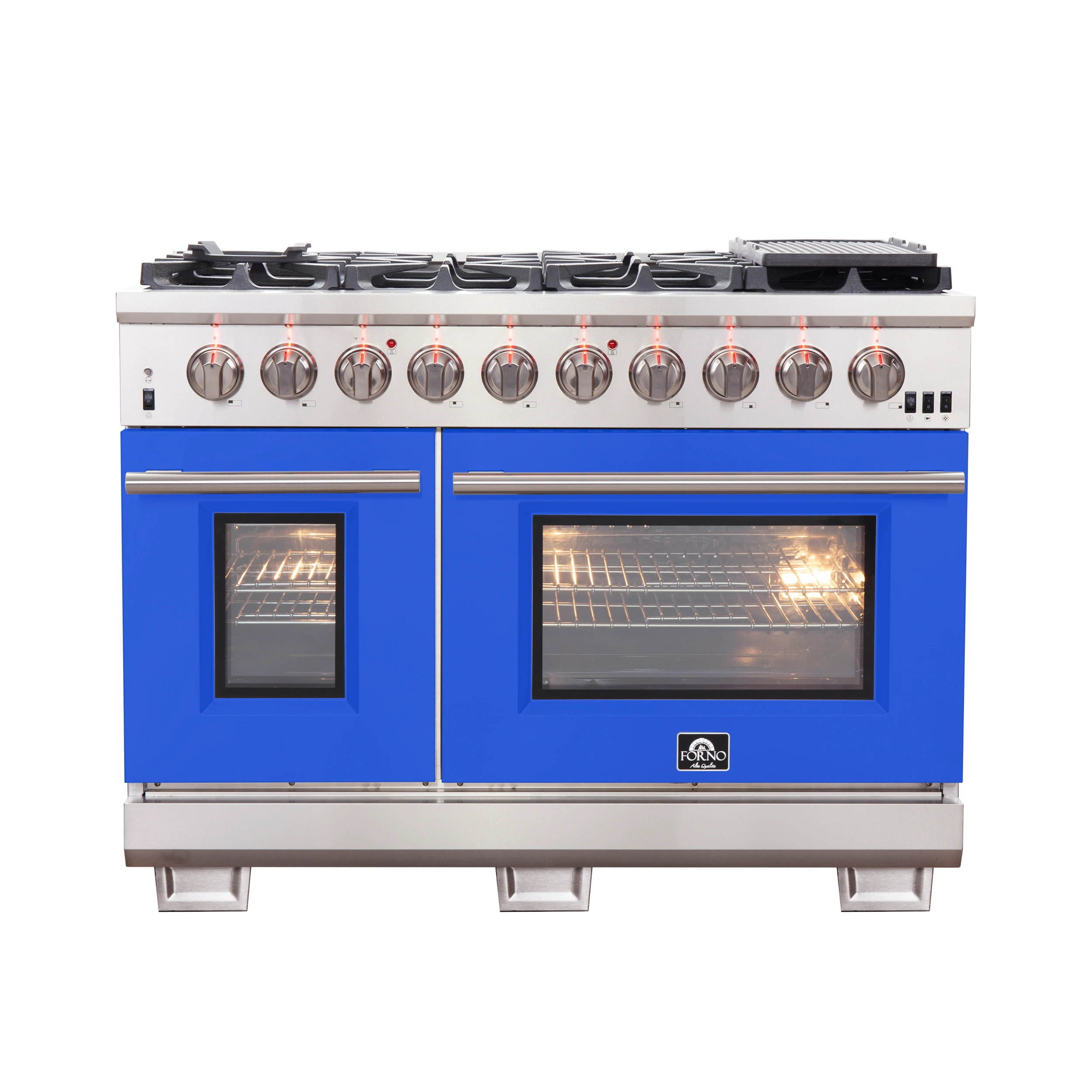 Capriasca 48-inch Gas Range Stainless Steel, 8 Brass Burners 160,000 BTU, 6.58 cu.ft. Double Oven, Blue Doors FFSGS626048BLU