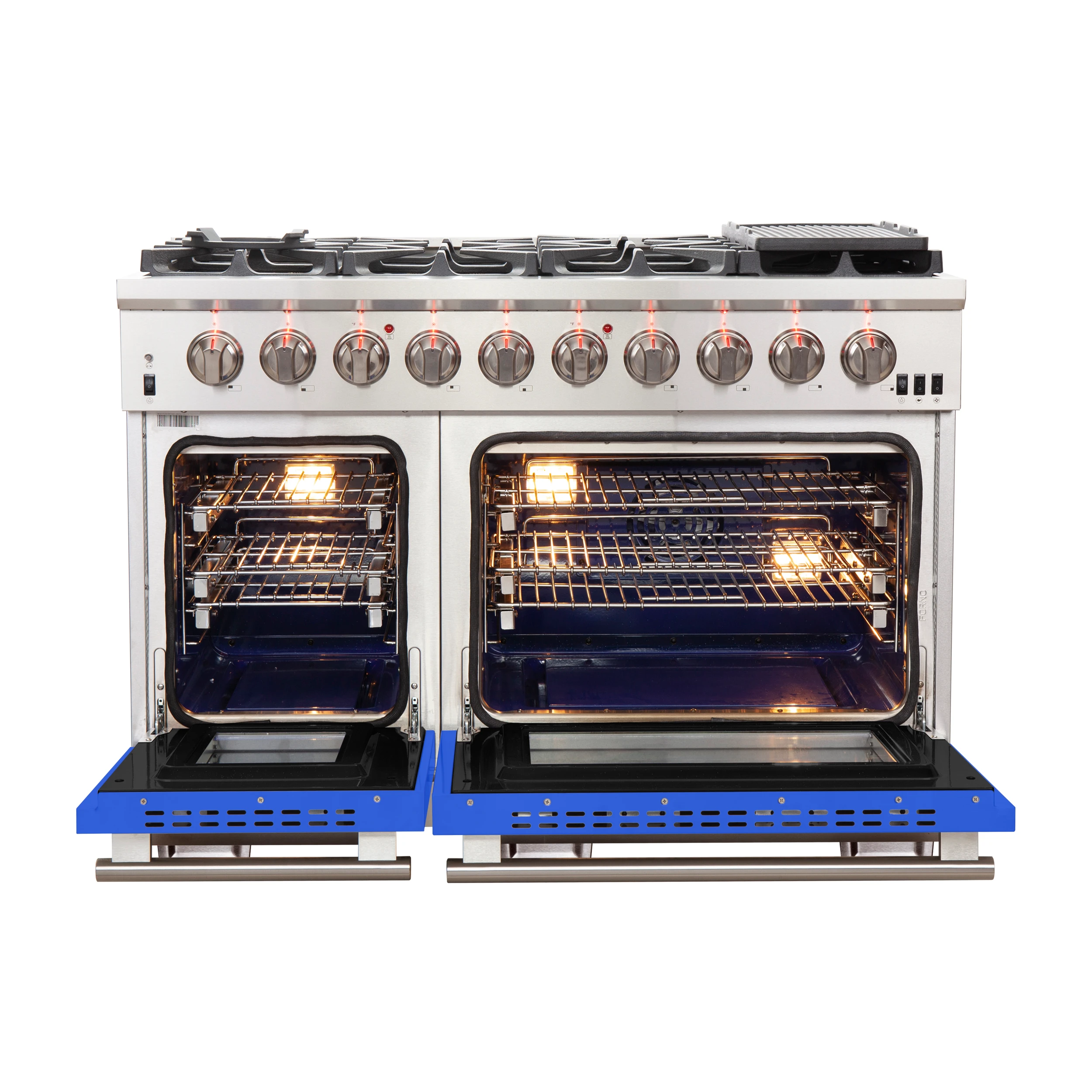 Capriasca 48-inch Gas Range Stainless Steel, 8 Brass Burners 160,000 BTU, 6.58 cu.ft. Double Oven, Blue Doors FFSGS626048BLU
