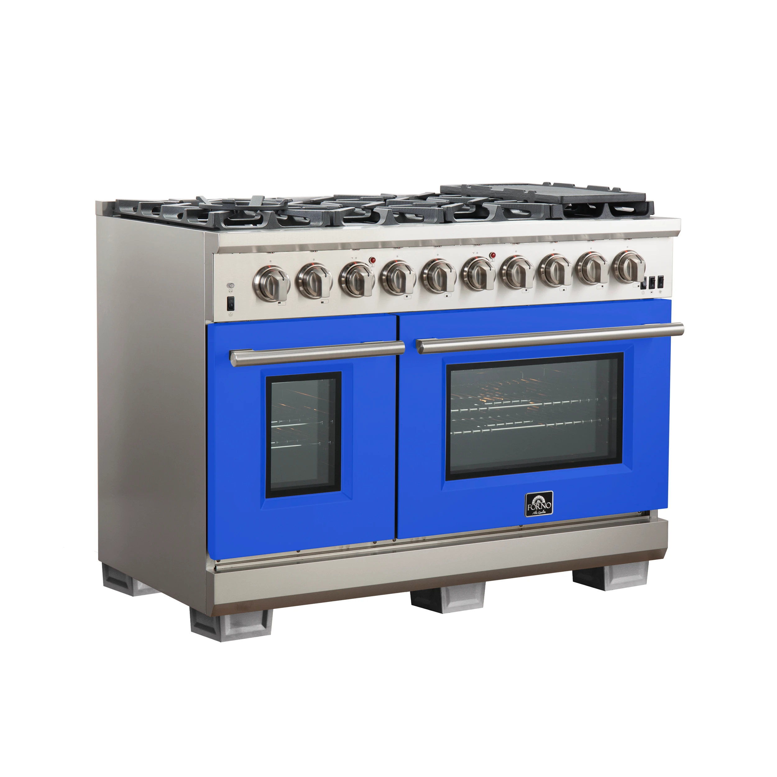 Capriasca 48-inch Gas Range Stainless Steel, 8 Brass Burners 160,000 BTU, 6.58 cu.ft. Double Oven, Blue Doors FFSGS626048BLU