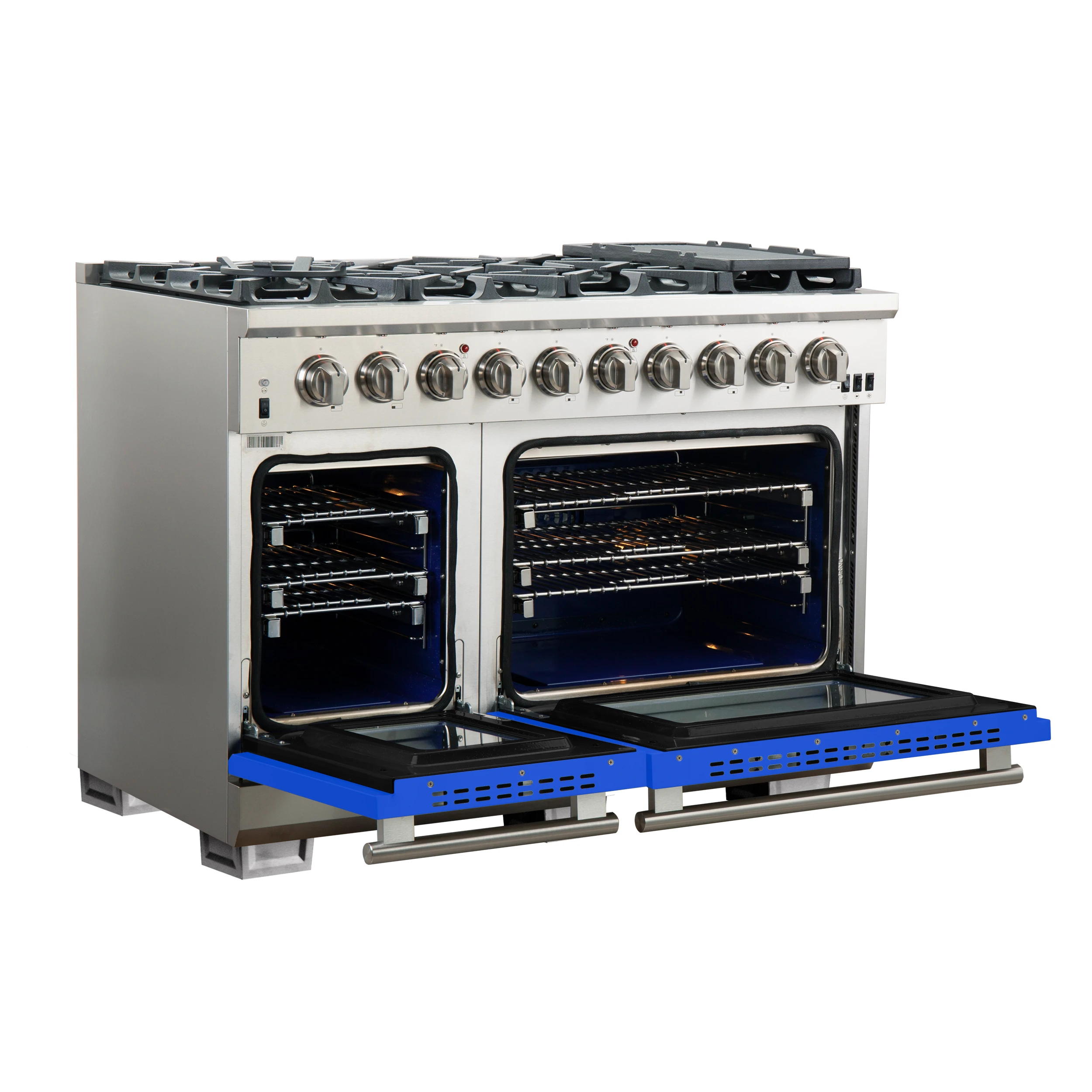 Capriasca 48-inch Gas Range Stainless Steel, 8 Brass Burners 160,000 BTU, 6.58 cu.ft. Double Oven, Blue Doors FFSGS626048BLU
