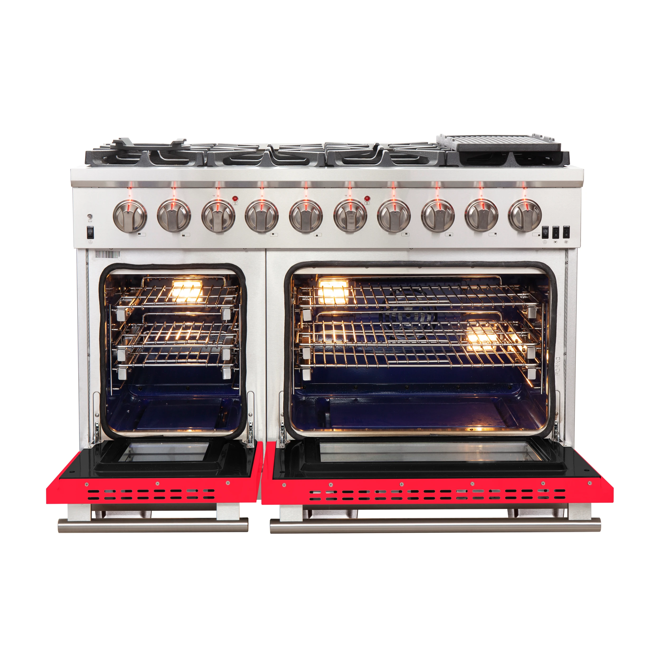 Capriasca 48-inch Gas Range Stainless Steel, 8 Brass Burners 160,000 BTU, 6.58 cu.ft. Double Oven, Red Doors FFSGS626048RED