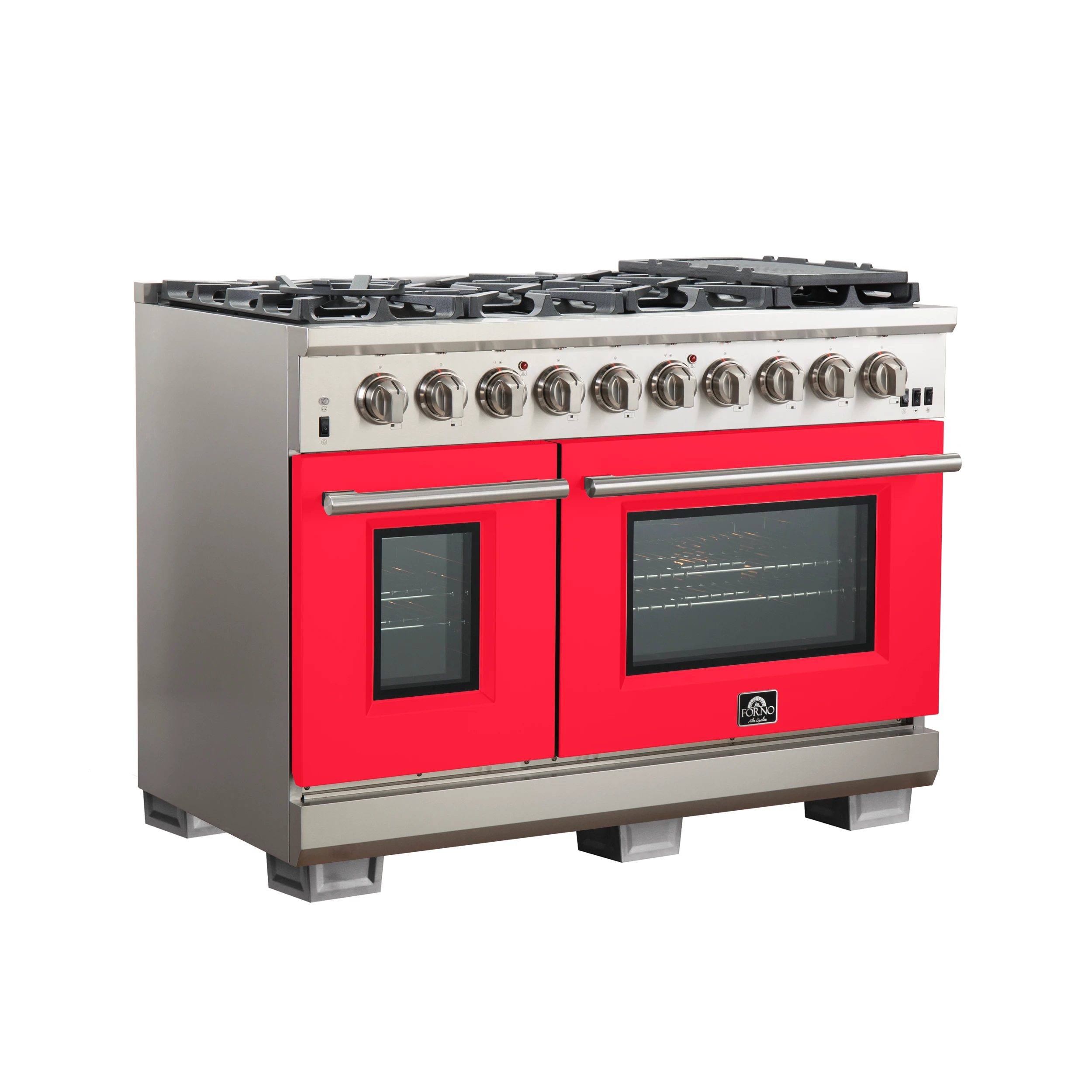 Capriasca 48-inch Gas Range Stainless Steel, 8 Brass Burners 160,000 BTU, 6.58 cu.ft. Double Oven, Red Doors FFSGS626048RED