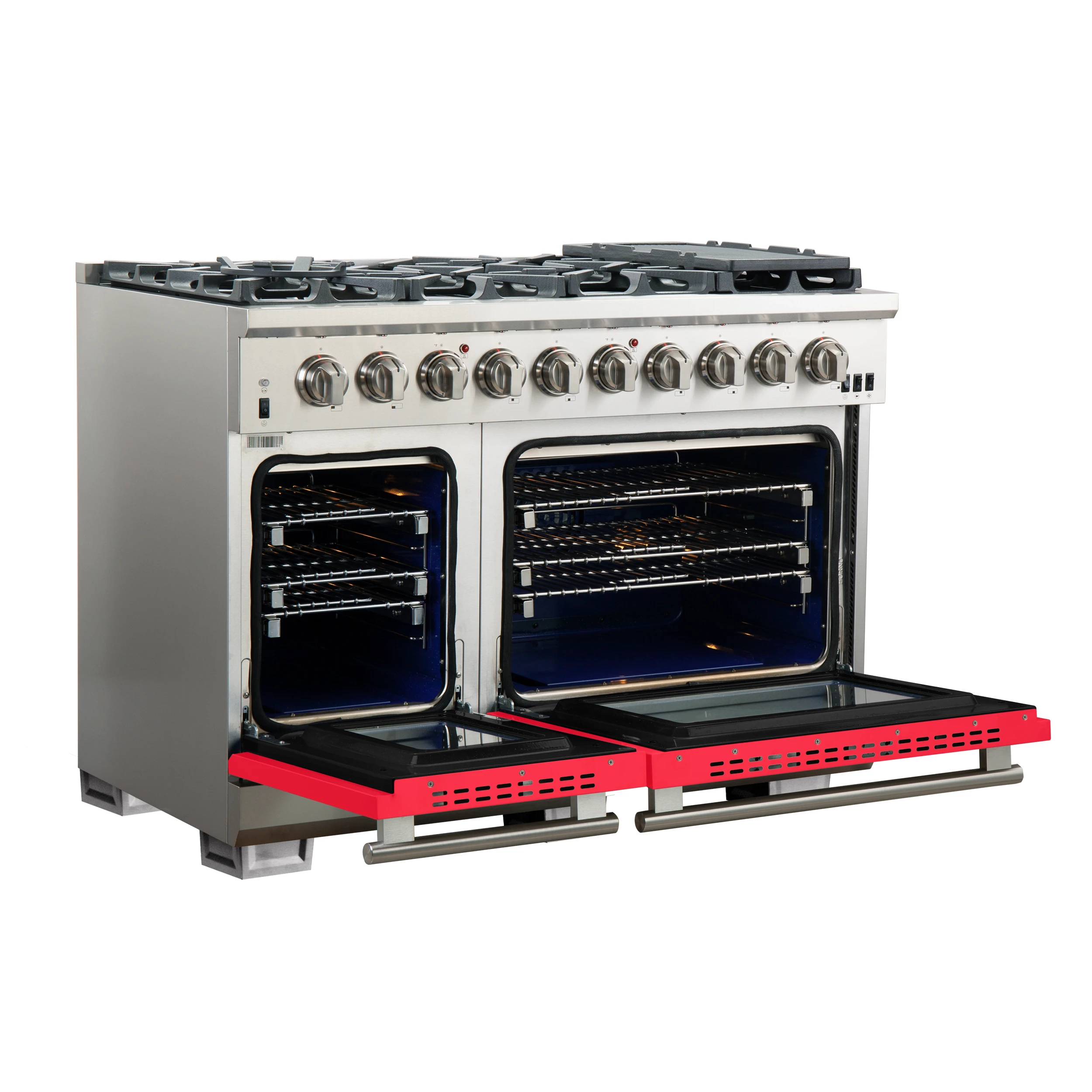 Capriasca 48-inch Gas Range Stainless Steel, 8 Brass Burners 160,000 BTU, 6.58 cu.ft. Double Oven, Red Doors FFSGS626048RED