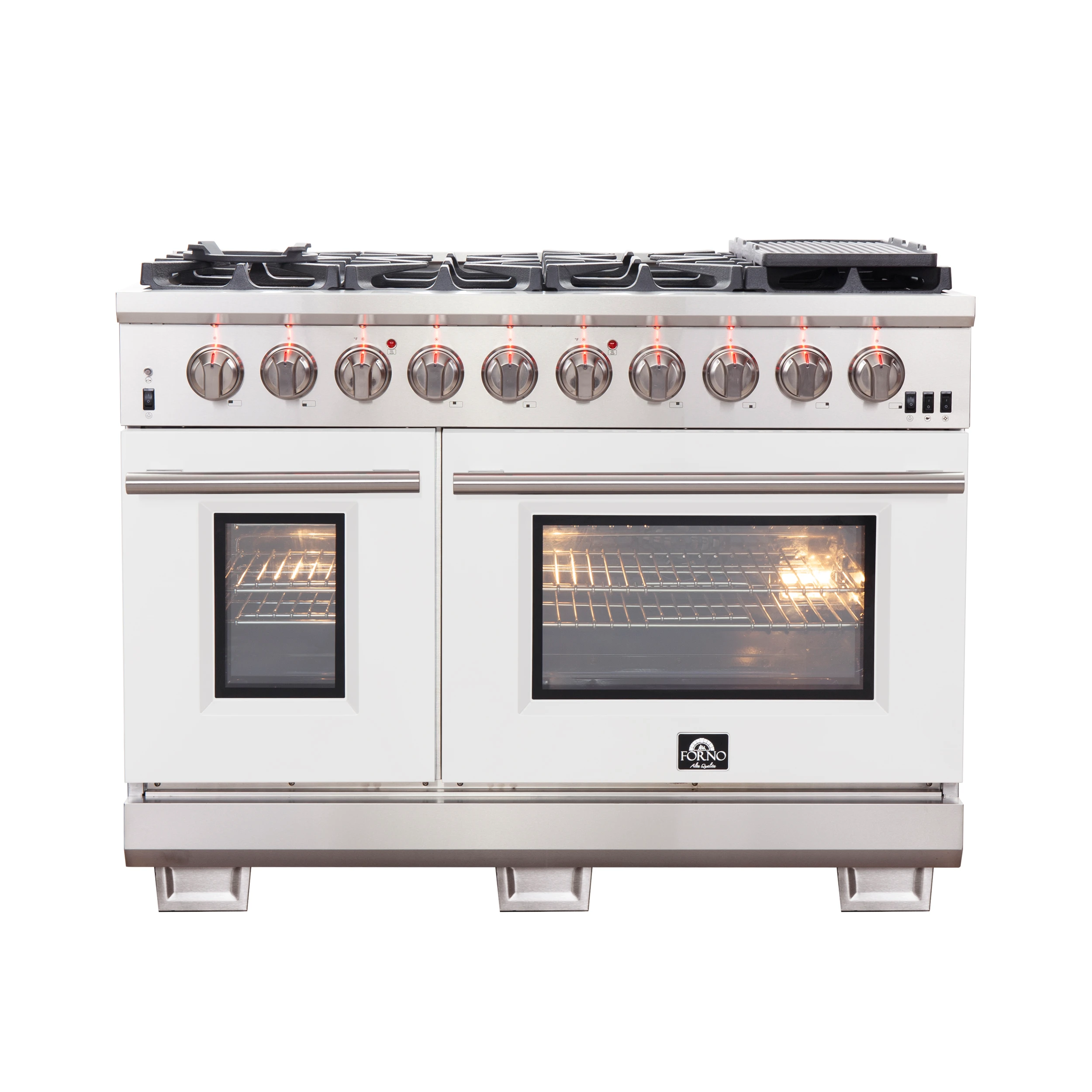 Capriasca 48-inch Gas Range Stainless Steel, 8 Brass Burners 160,000 BTU, 6.58 cu.ft. Double Oven, White Doors FFSGS626048WHT