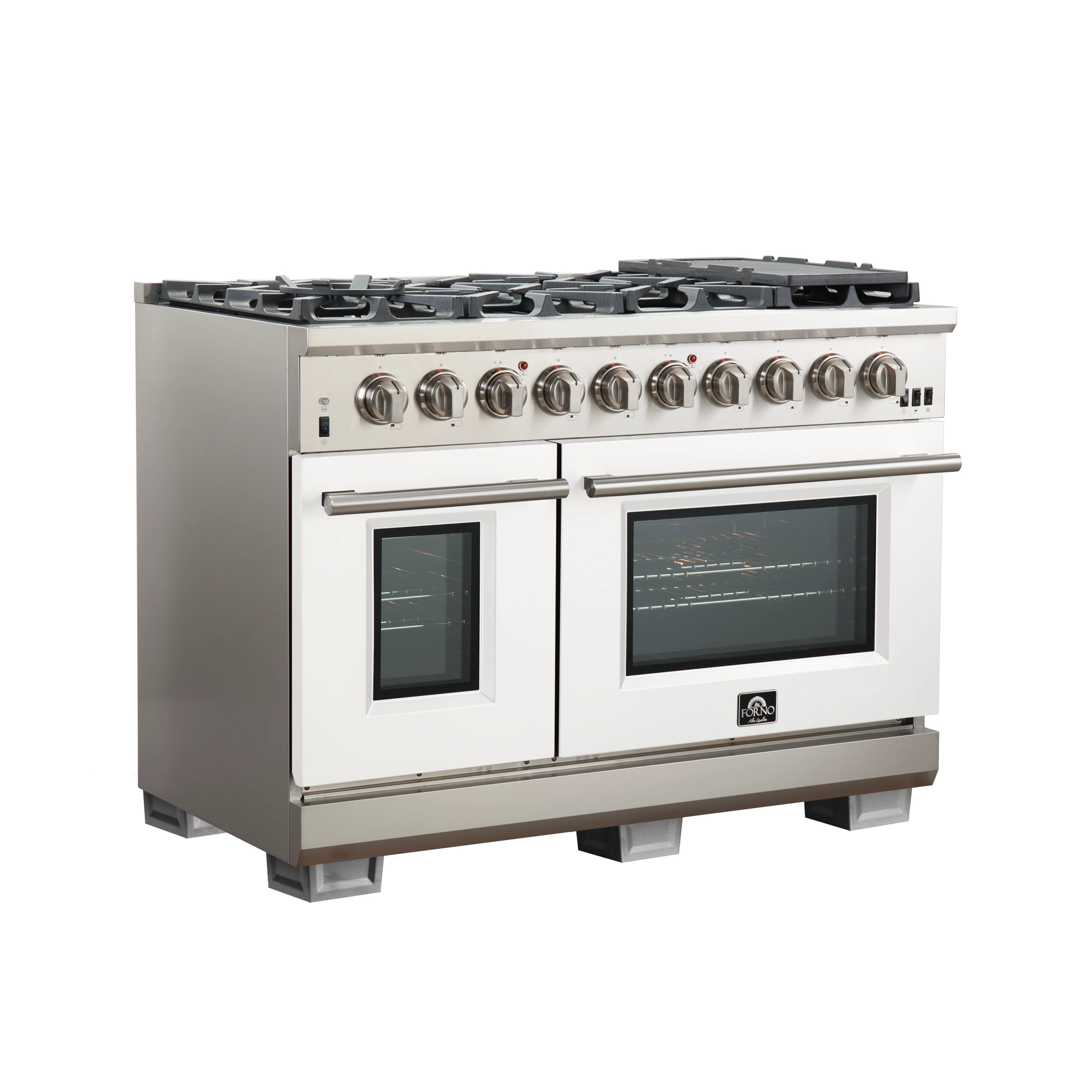 Capriasca 48-inch Gas Range Stainless Steel, 8 Brass Burners 160,000 BTU, 6.58 cu.ft. Double Oven, White Doors FFSGS626048WHT