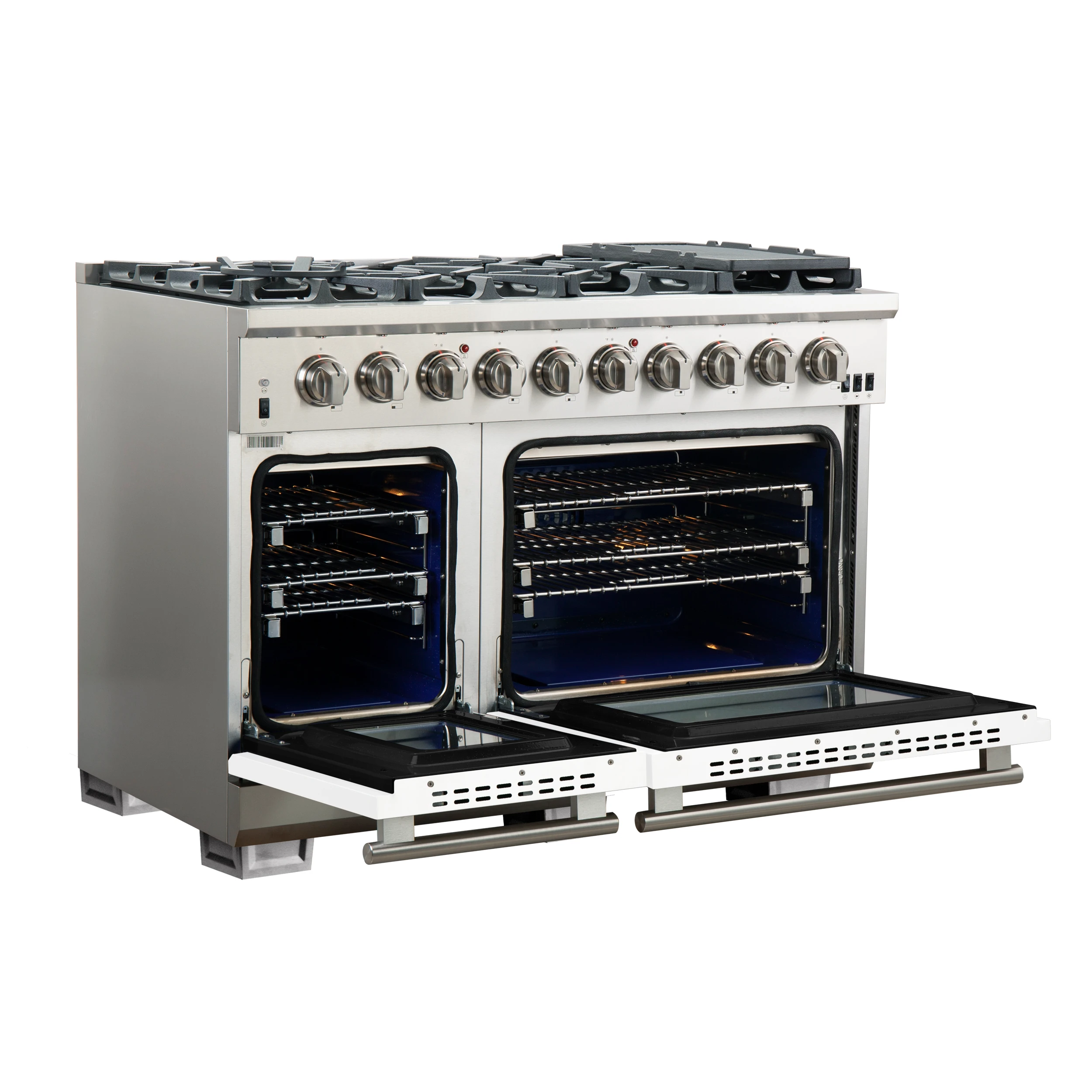 Capriasca 48-inch Gas Range Stainless Steel, 8 Brass Burners 160,000 BTU, 6.58 cu.ft. Double Oven, White Doors FFSGS626048WHT