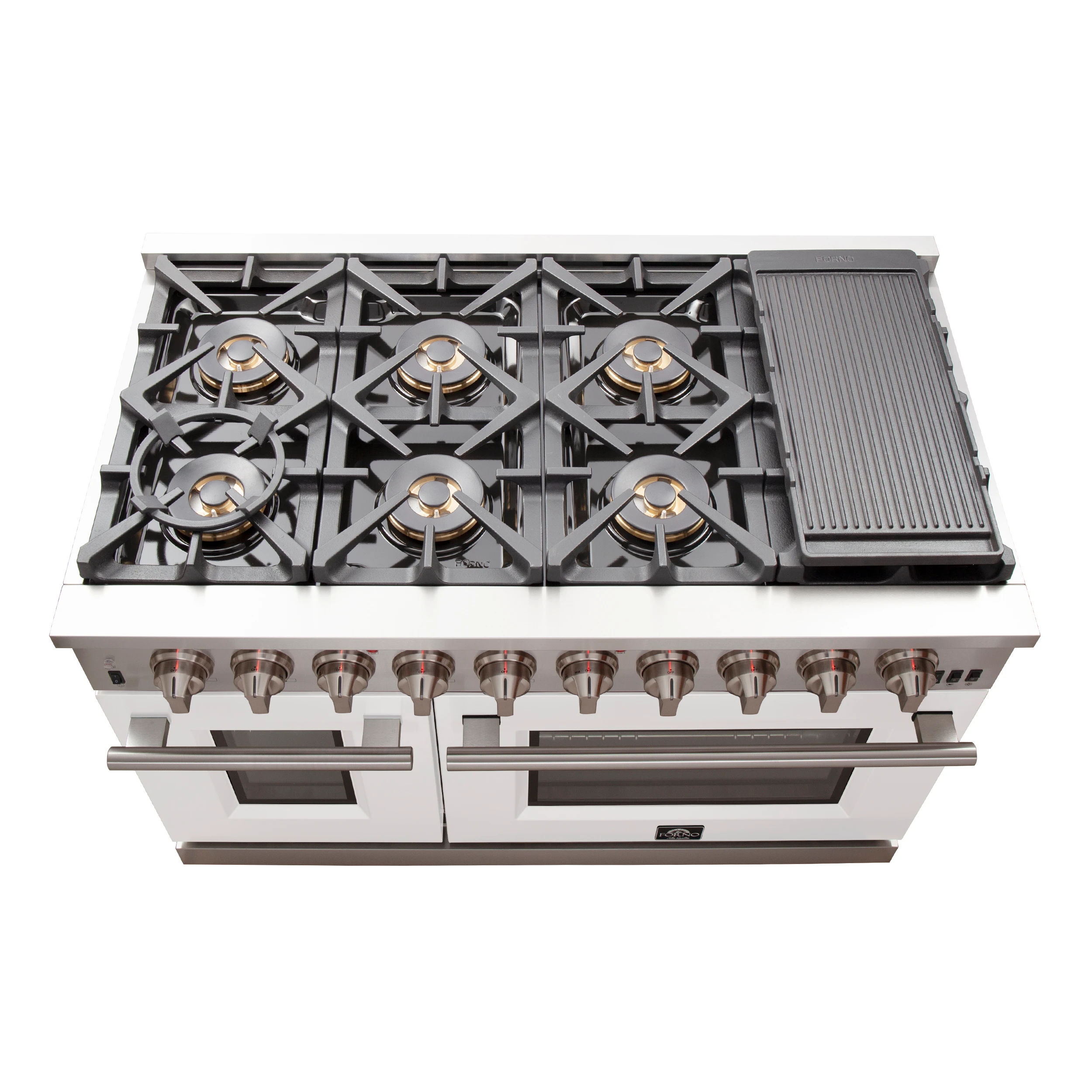 Capriasca 48-inch Gas Range Stainless Steel, 8 Brass Burners 160,000 BTU, 6.58 cu.ft. Double Oven, White Doors FFSGS626048WHT