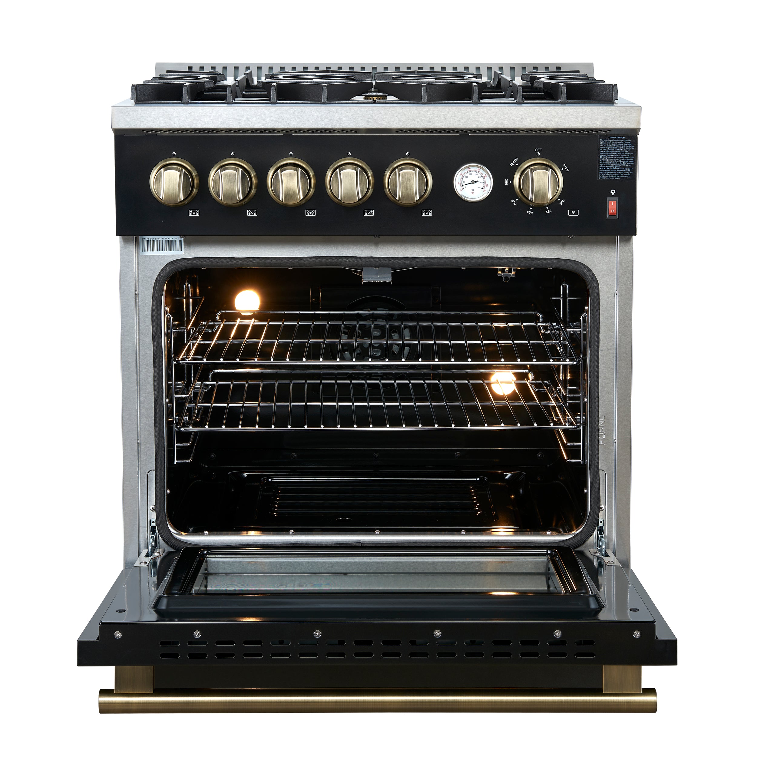 Giovanni 30-inch Gas Range & Antique Brass Design, 5 Burners 67,000 BTU, 4.32 cu.ft. Convection Oven FFSGS627430BLK