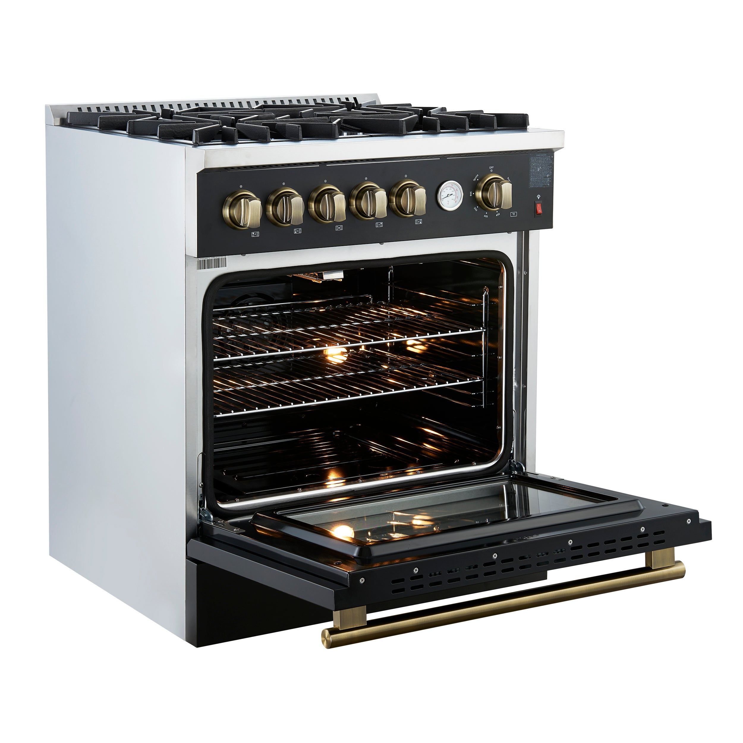Giovanni 30-inch Gas Range & Antique Brass Design, 5 Burners 67,000 BTU, 4.32 cu.ft. Convection Oven FFSGS627430BLK