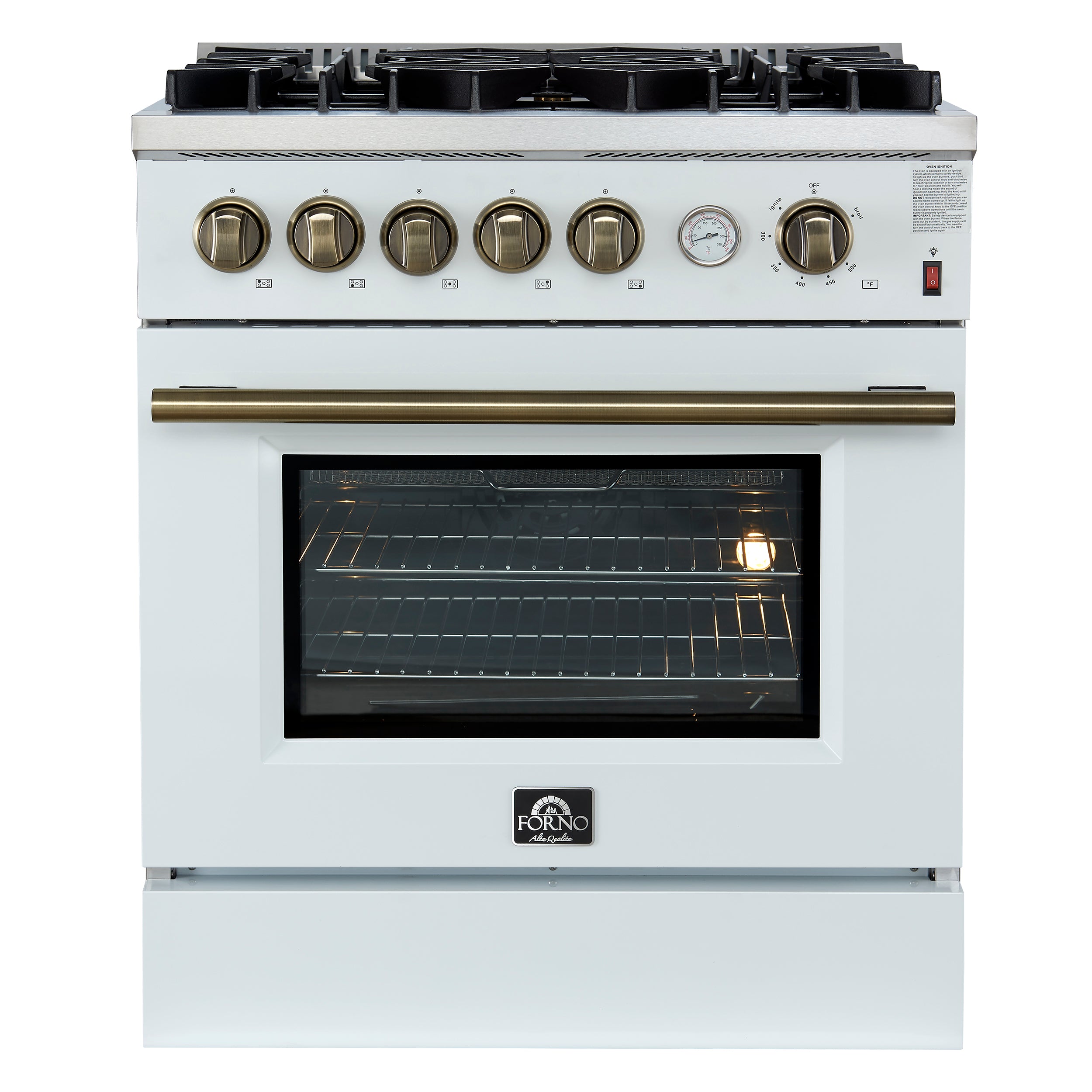 Giovanni 30-inch Gas Range & Antique Brass Design, 5 Burners 67,000 BTU, 4.32 cu.ft. Convection Oven FFSGS627430WHT