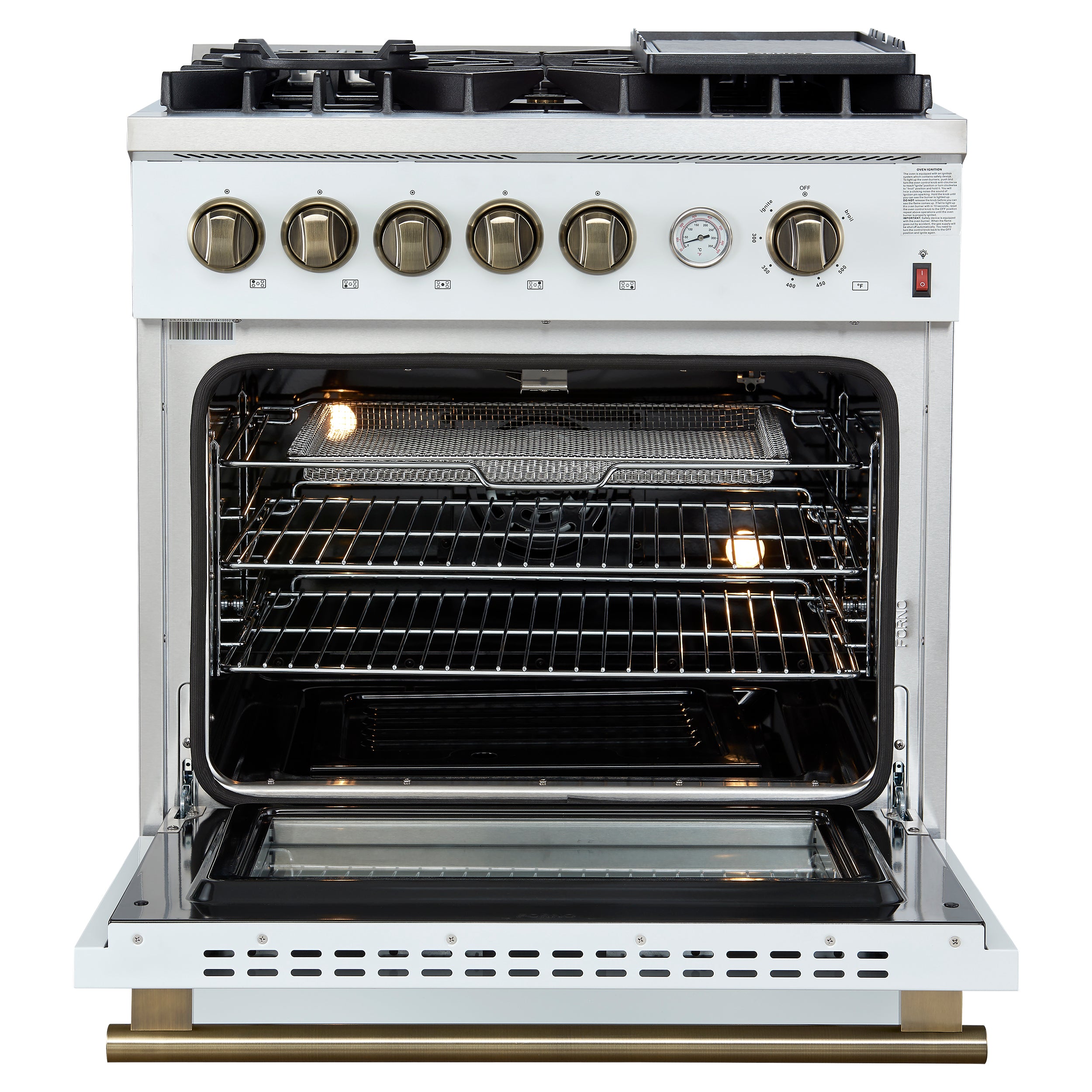 Giovanni 30-inch Gas Range & Antique Brass Design, 5 Burners 67,000 BTU, 4.32 cu.ft. Convection Oven FFSGS627430WHT