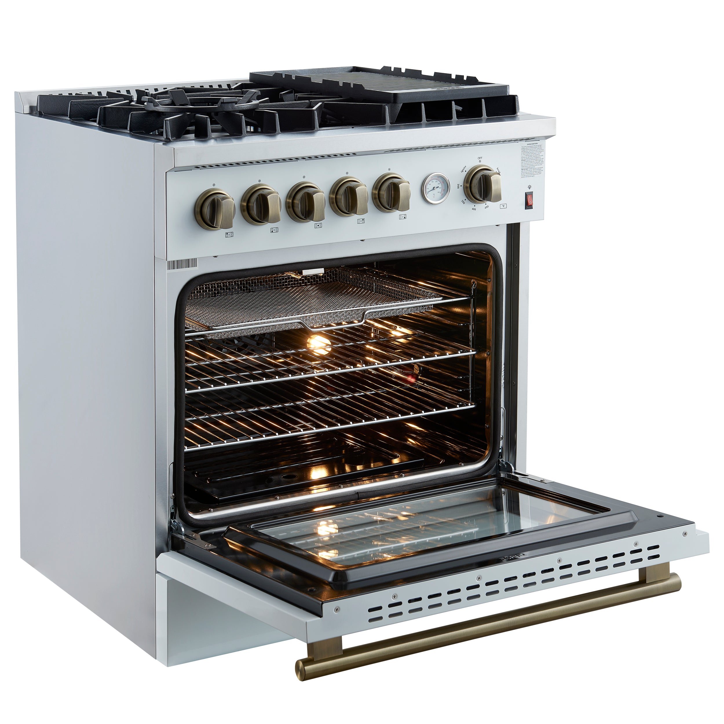 Giovanni 30-inch Gas Range & Antique Brass Design, 5 Burners 67,000 BTU, 4.32 cu.ft. Convection Oven FFSGS627430WHT