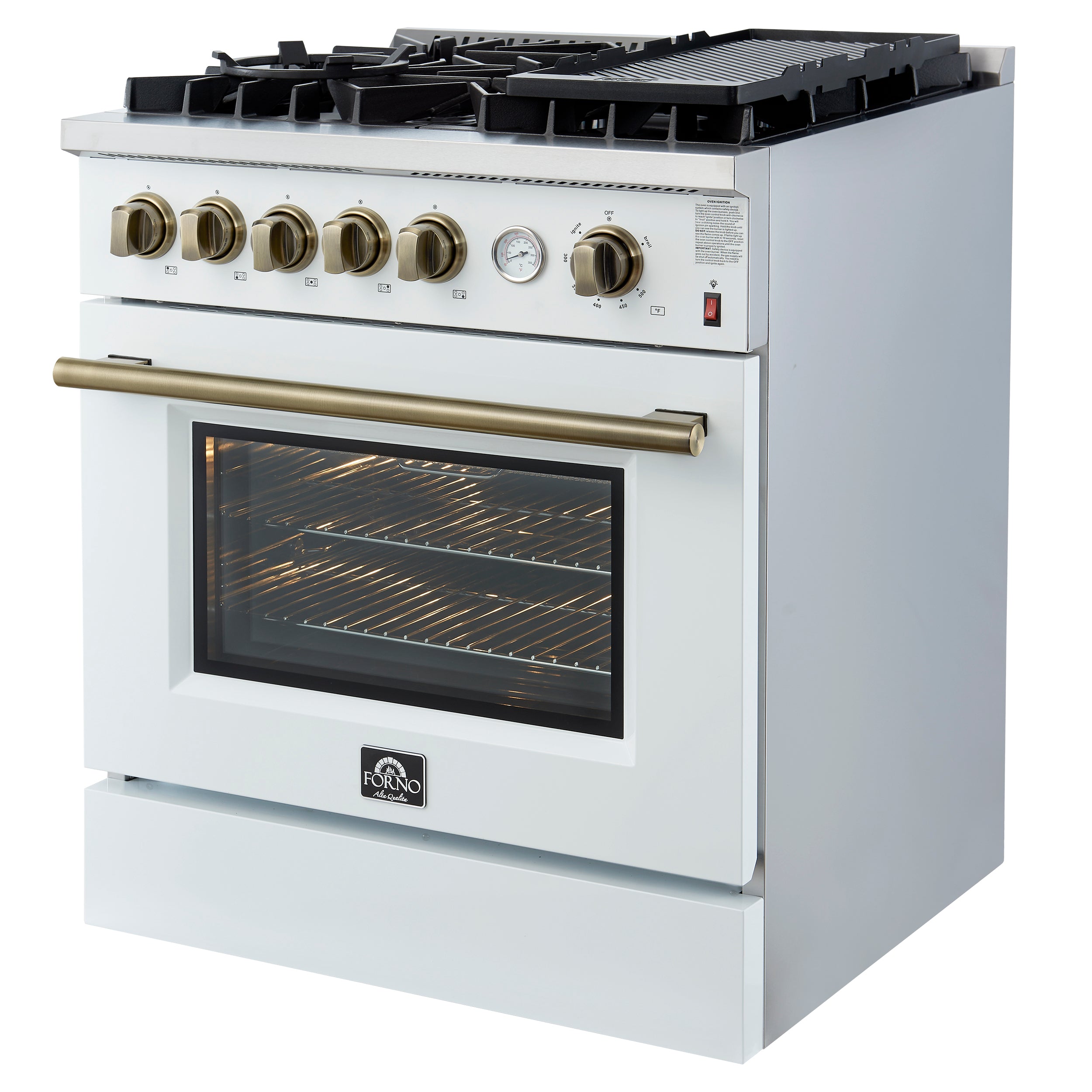 Giovanni 30-inch Gas Range & Antique Brass Design, 5 Burners 67,000 BTU, 4.32 cu.ft. Convection Oven FFSGS627430WHT