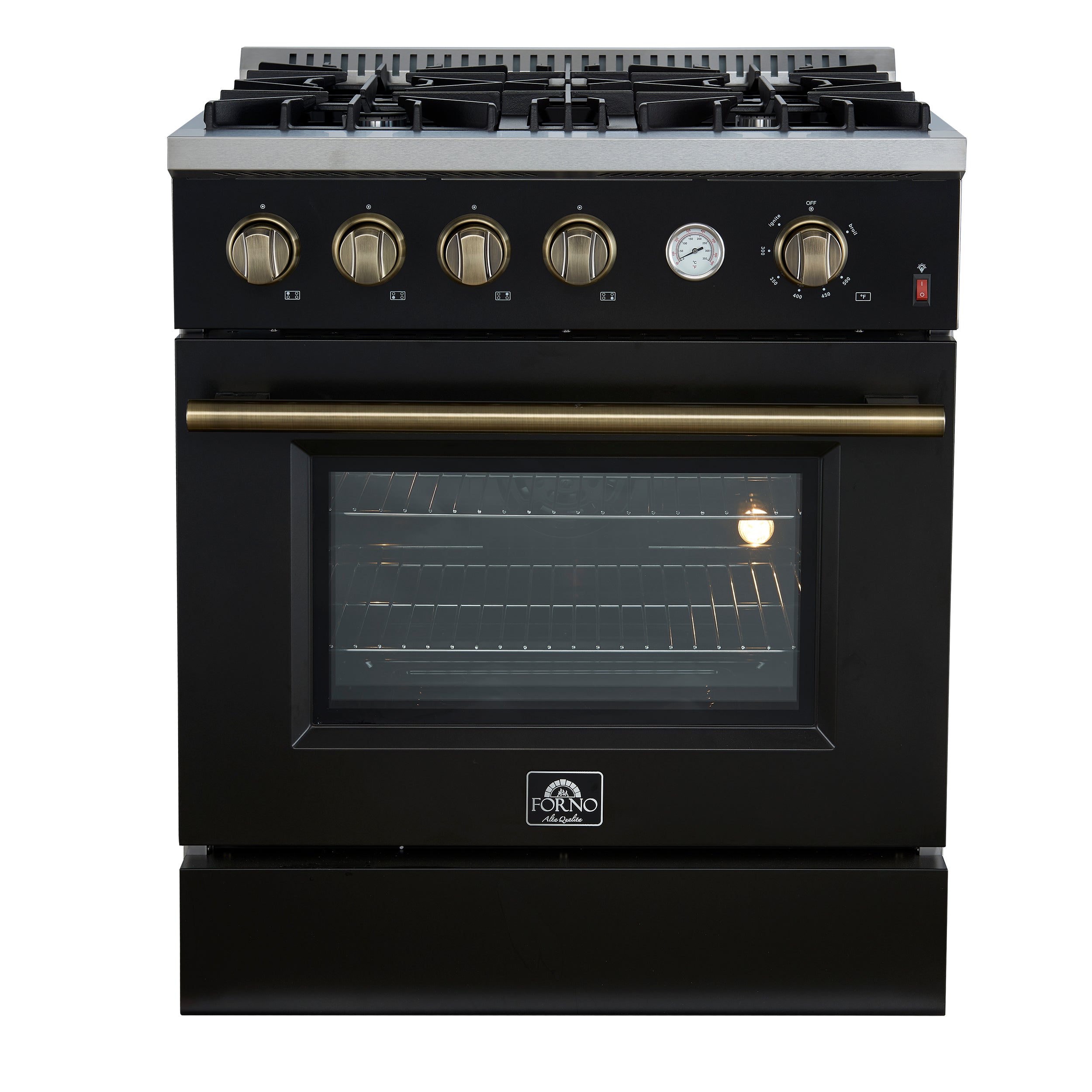 Marco 30-inch Gas Range & Antique Brass Design, 4 Burners 37,000 BTU, 4.32 cu.ft. Convection Oven FFSGS627730BLK