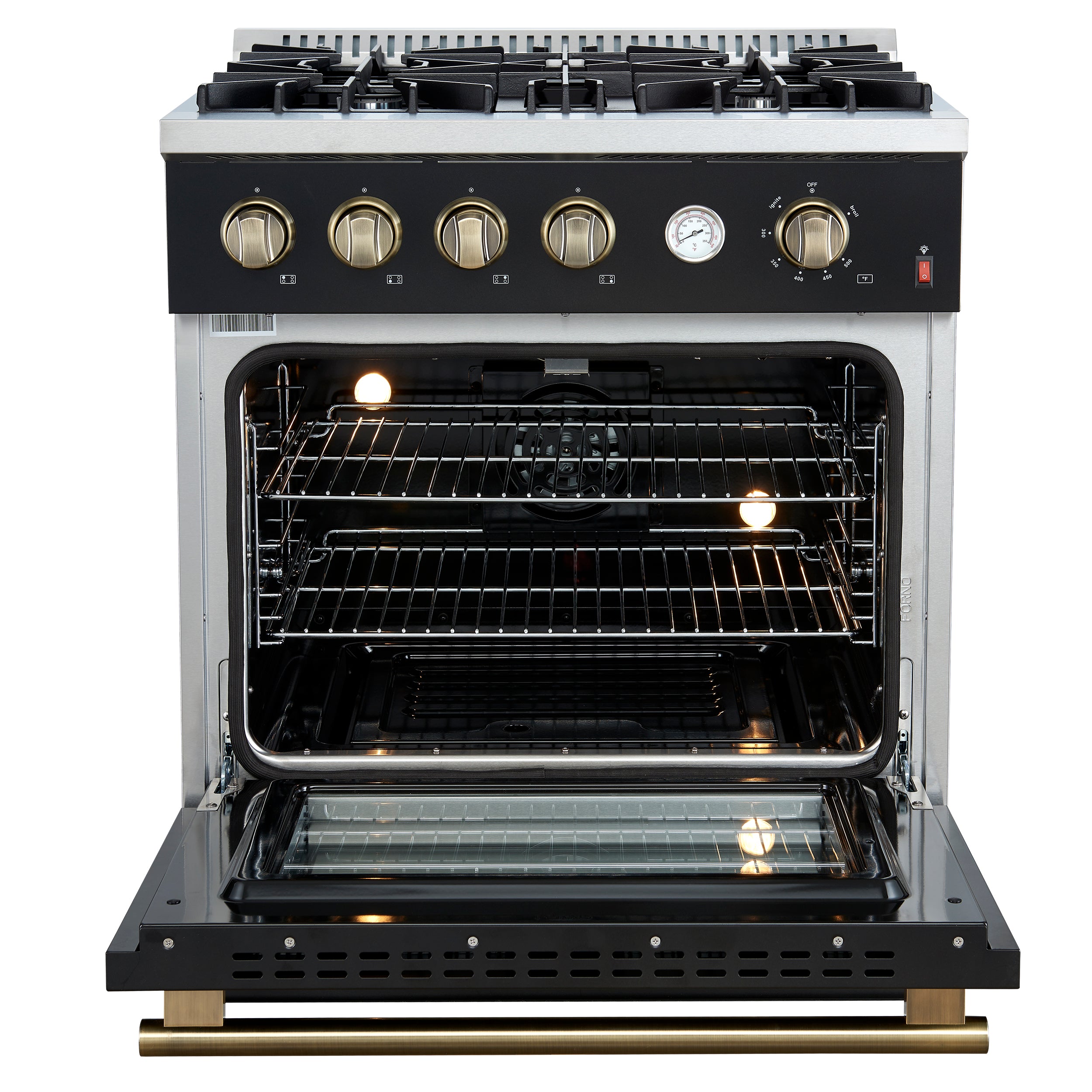 Marco 30-inch Gas Range & Antique Brass Design, 4 Burners 37,000 BTU, 4.32 cu.ft. Convection Oven FFSGS627730BLK