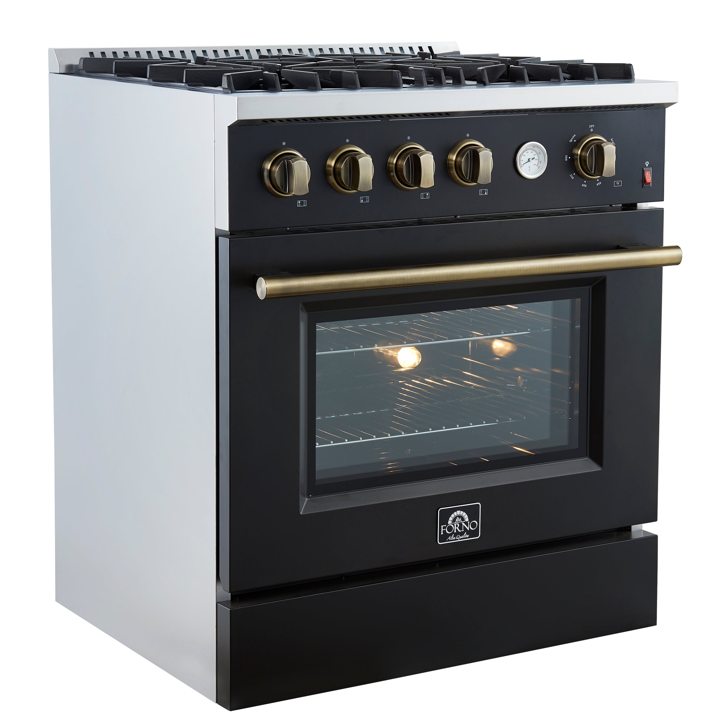 Marco 30-inch Gas Range & Antique Brass Design, 4 Burners 37,000 BTU, 4.32 cu.ft. Convection Oven FFSGS627730BLK