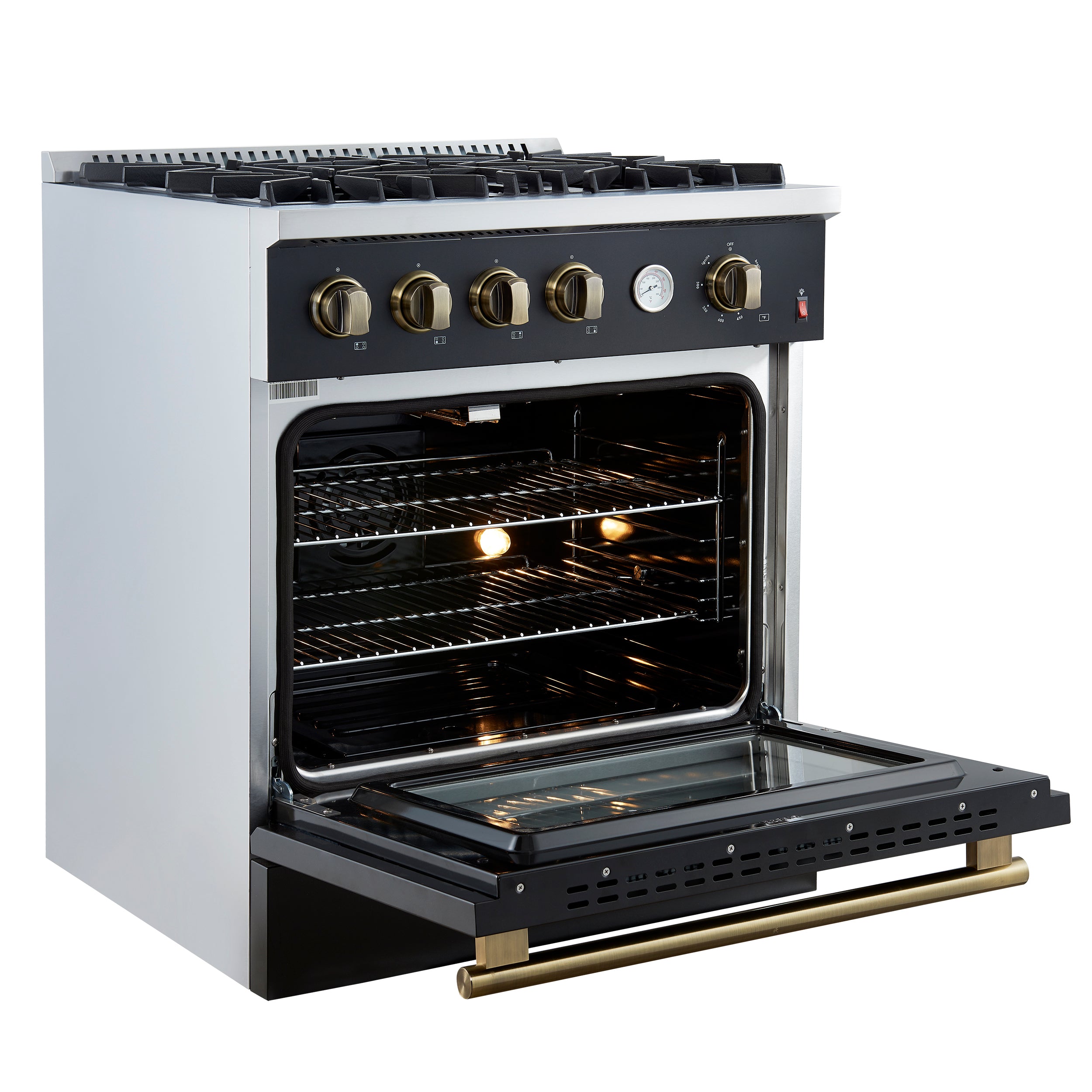 Marco 30-inch Gas Range & Antique Brass Design, 4 Burners 37,000 BTU, 4.32 cu.ft. Convection Oven FFSGS627730BLK