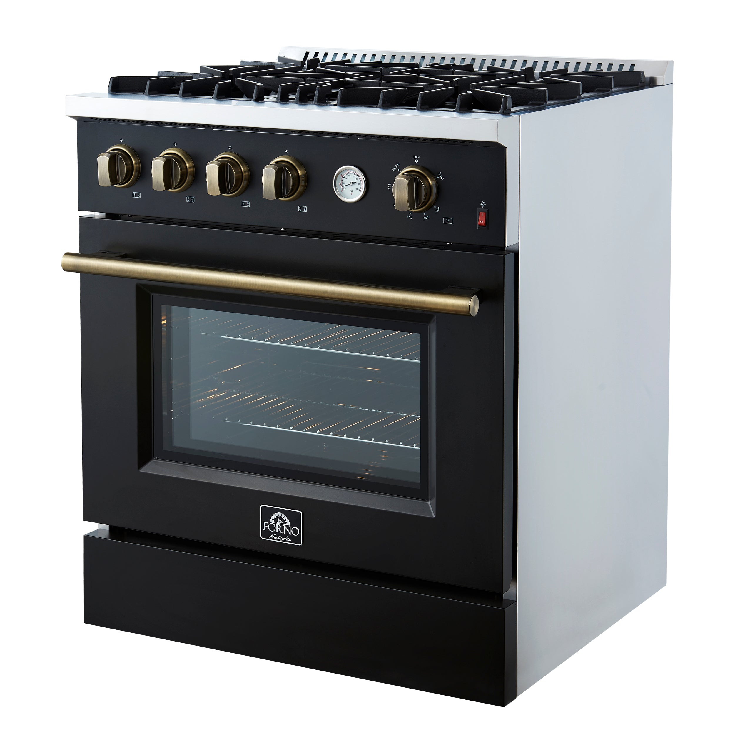 Marco 30-inch Gas Range & Antique Brass Design, 4 Burners 37,000 BTU, 4.32 cu.ft. Convection Oven FFSGS627730BLK