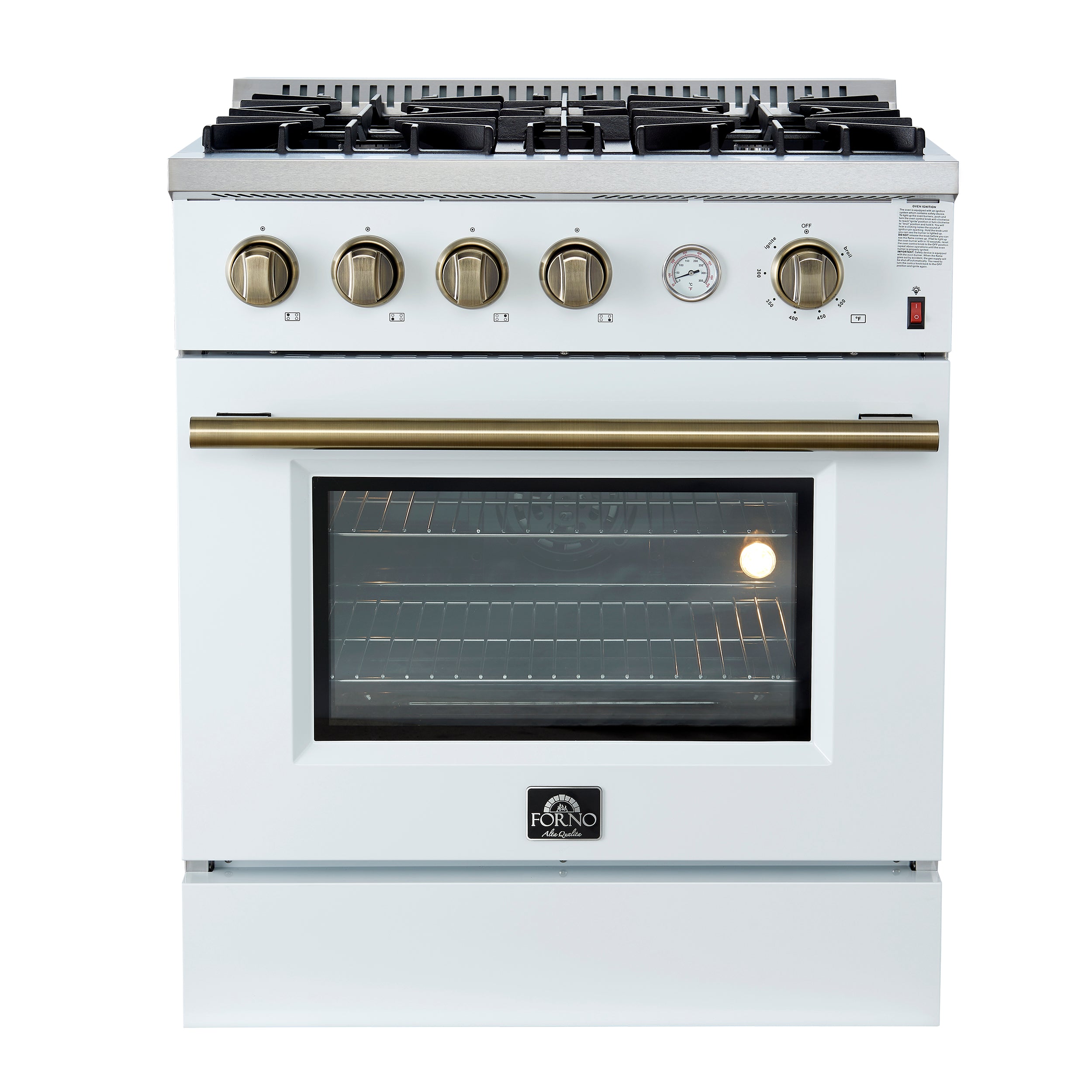Marco 30-inch Gas Range & Antique Brass Design, 4 Burners 37,000 BTU, 4.32 cu.ft. Convection Oven FFSGS627730WHT