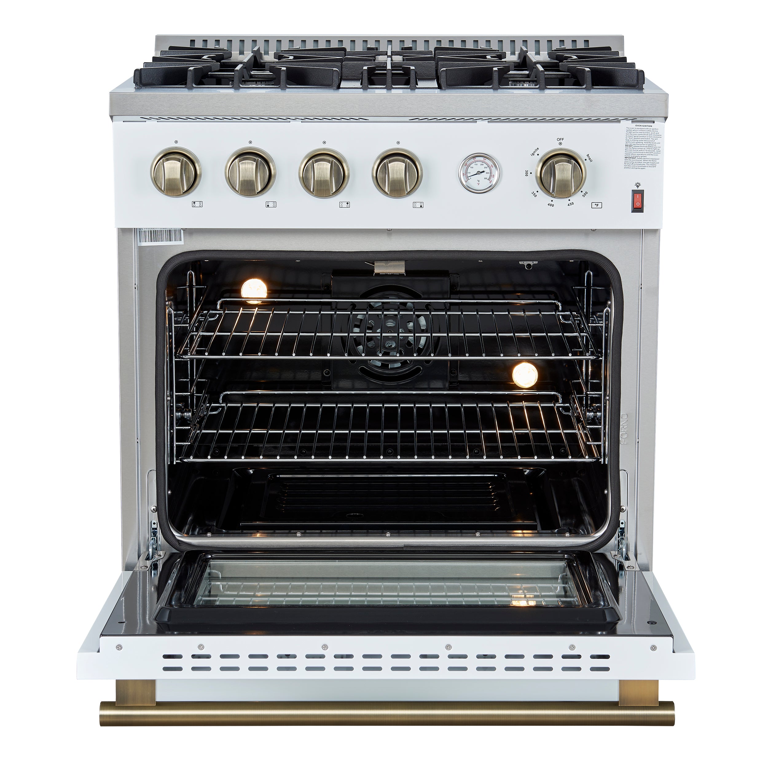 Marco 30-inch Gas Range & Antique Brass Design, 4 Burners 37,000 BTU, 4.32 cu.ft. Convection Oven FFSGS627730WHT