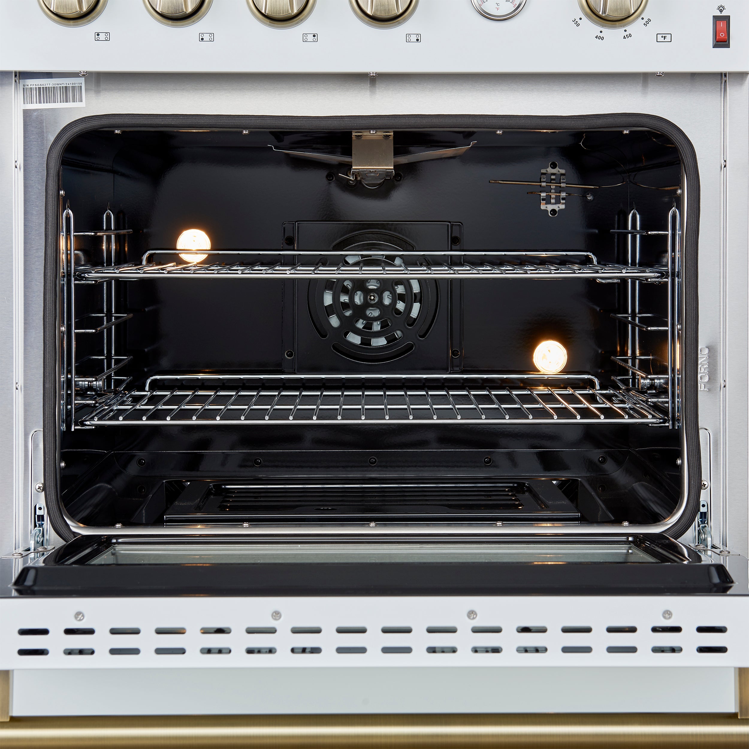 Marco 30-inch Gas Range & Antique Brass Design, 4 Burners 37,000 BTU, 4.32 cu.ft. Convection Oven FFSGS627730WHT