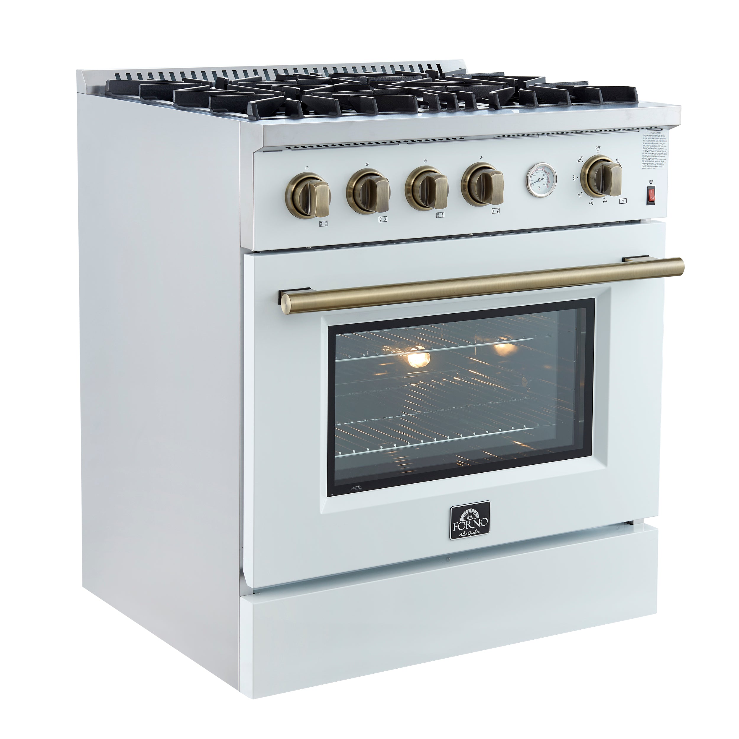 Marco 30-inch Gas Range & Antique Brass Design, 4 Burners 37,000 BTU, 4.32 cu.ft. Convection Oven FFSGS627730WHT