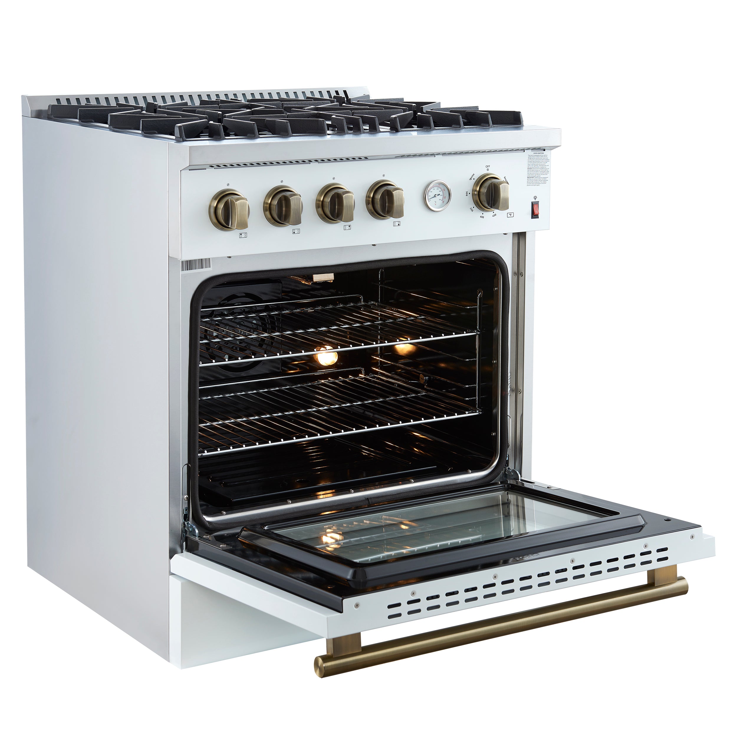 Marco 30-inch Gas Range & Antique Brass Design, 4 Burners 37,000 BTU, 4.32 cu.ft. Convection Oven FFSGS627730WHT