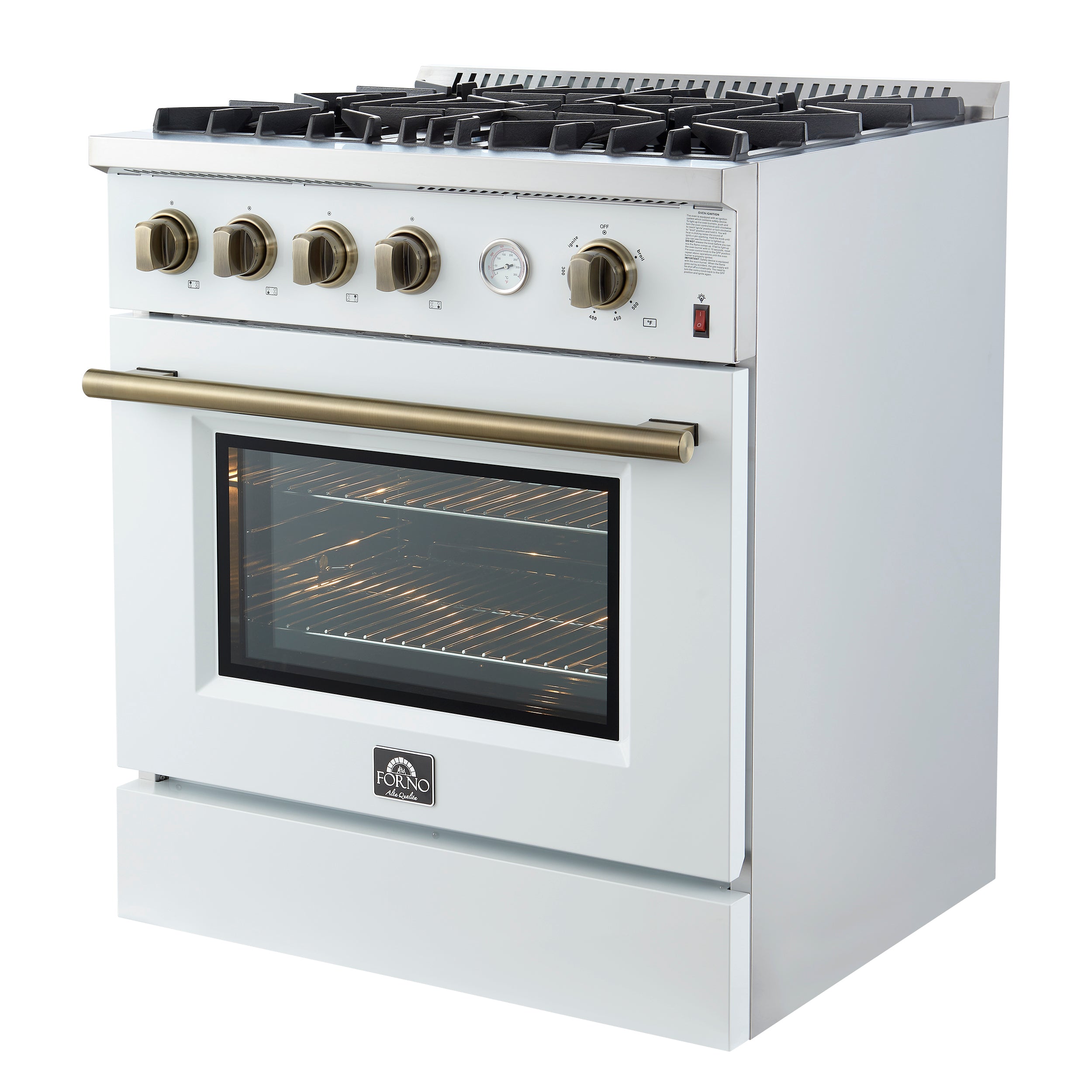 Marco 30-inch Gas Range & Antique Brass Design, 4 Burners 37,000 BTU, 4.32 cu.ft. Convection Oven FFSGS627730WHT