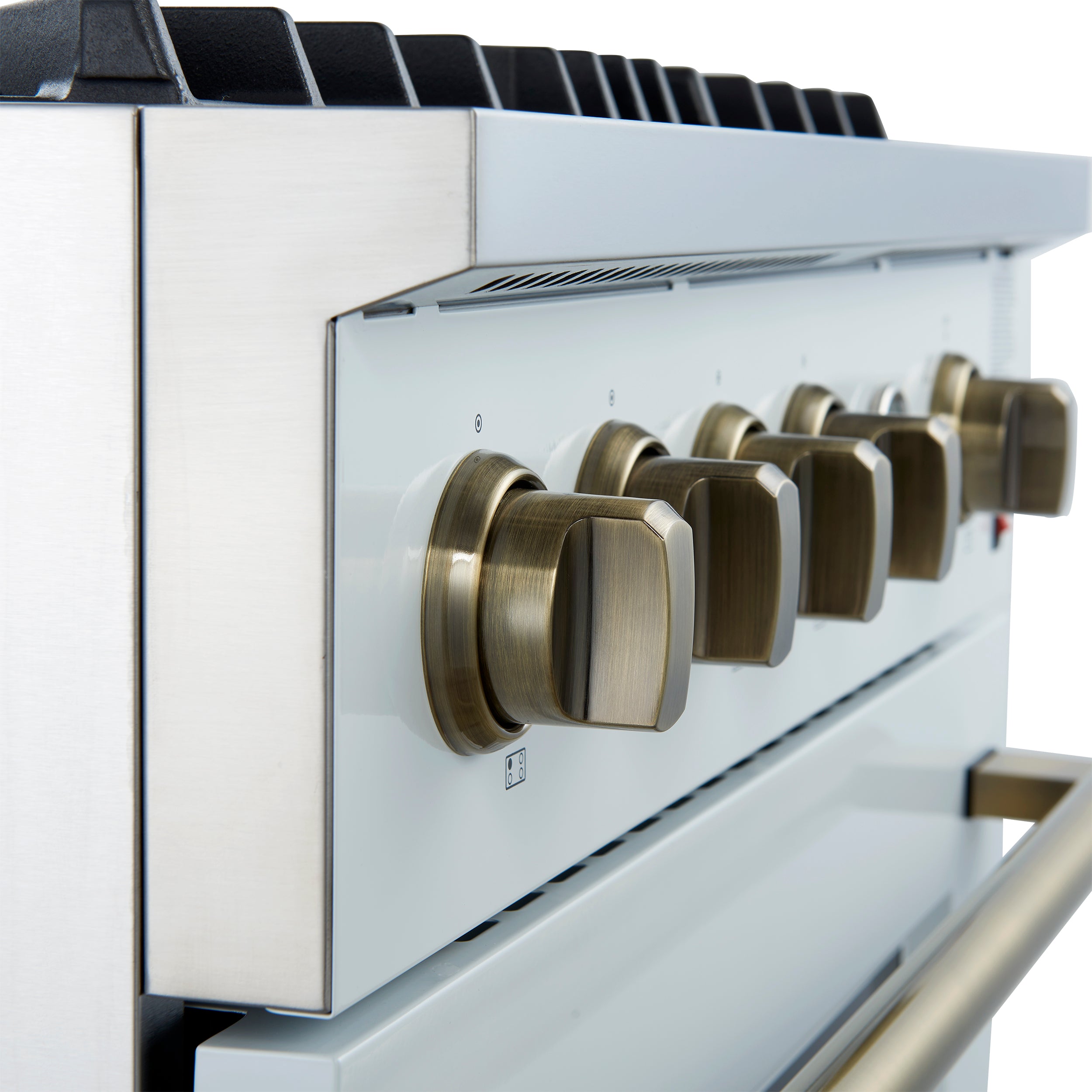 Marco 30-inch Gas Range & Antique Brass Design, 4 Burners 37,000 BTU, 4.32 cu.ft. Convection Oven FFSGS627730WHT