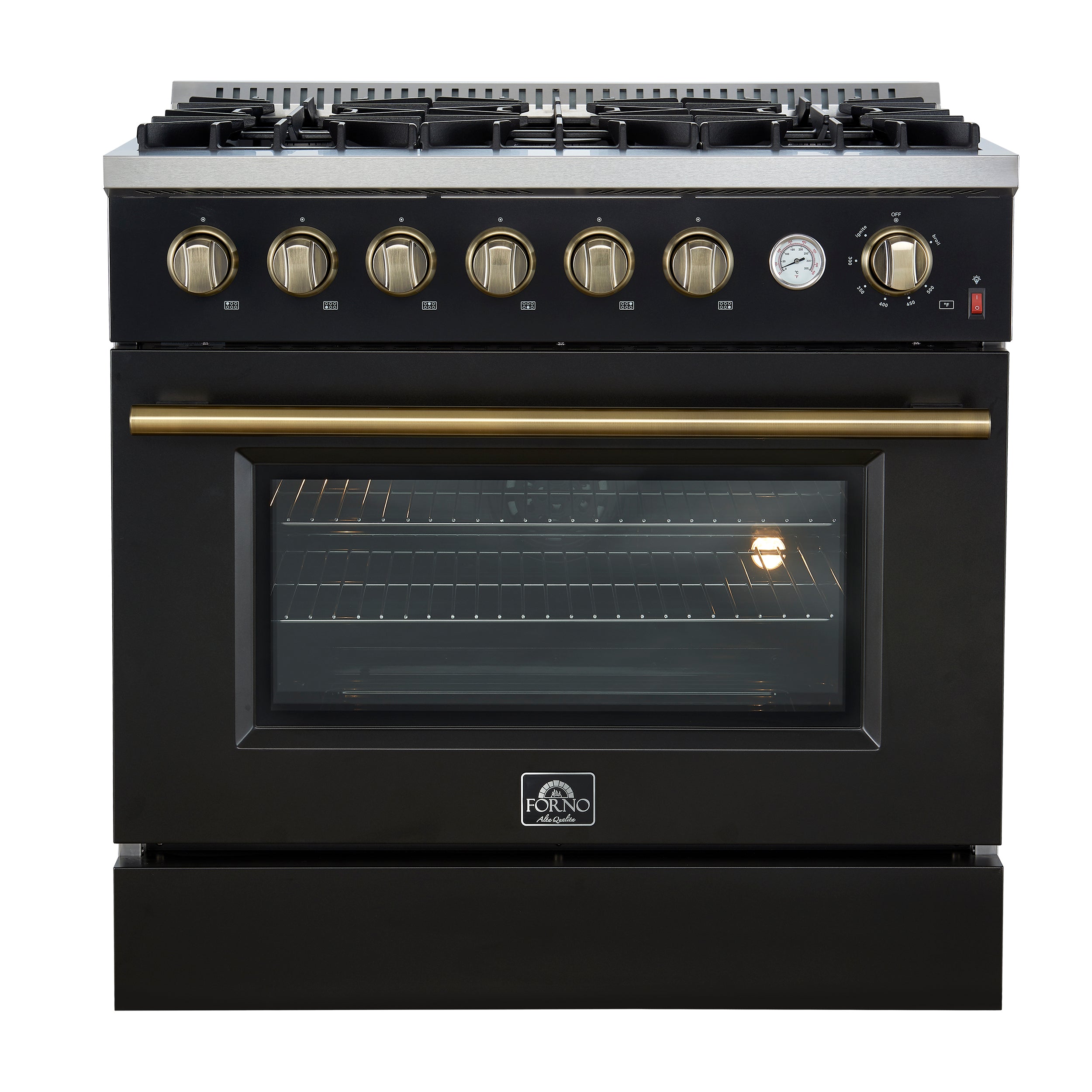 Marco 36-Inch Gas Range & Antique Brass Design, 6 Burners 67,000 BTU, 5.36 cu.ft. Convection Oven FFSGS627736BLK
