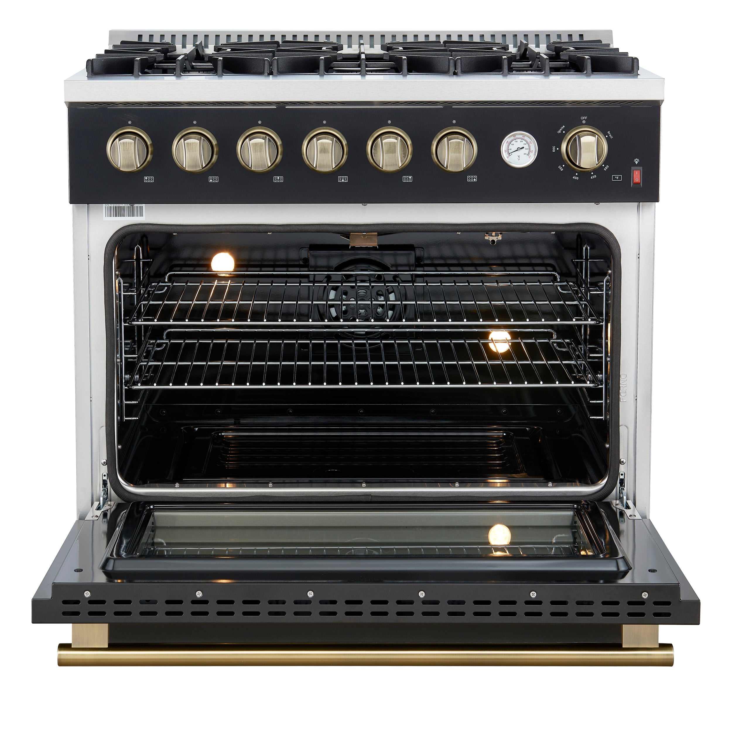 Marco 36-Inch Gas Range & Antique Brass Design, 6 Burners 67,000 BTU, 5.36 cu.ft. Convection Oven FFSGS627736BLK