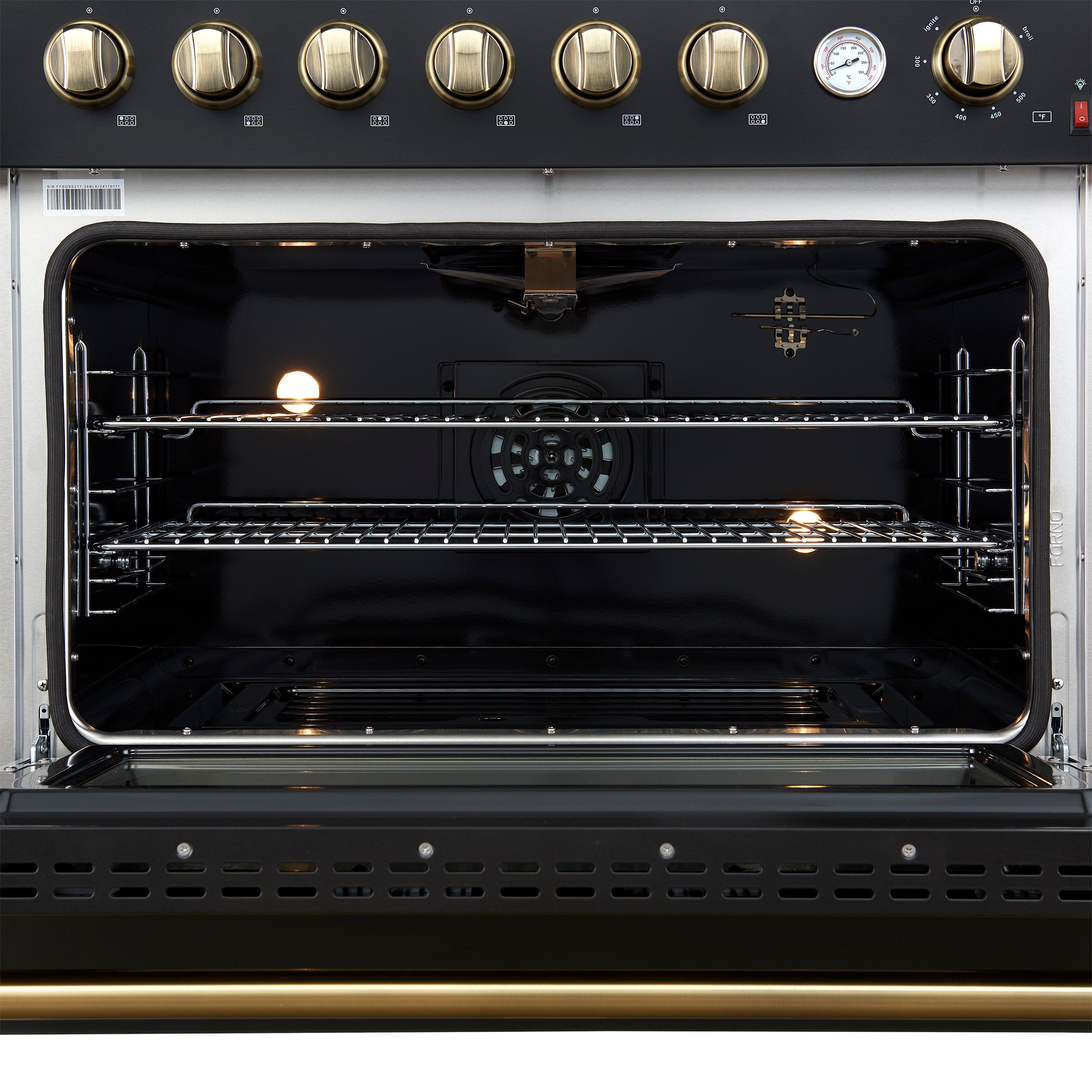 Marco 36-Inch Gas Range & Antique Brass Design, 6 Burners 67,000 BTU, 5.36 cu.ft. Convection Oven FFSGS627736BLK