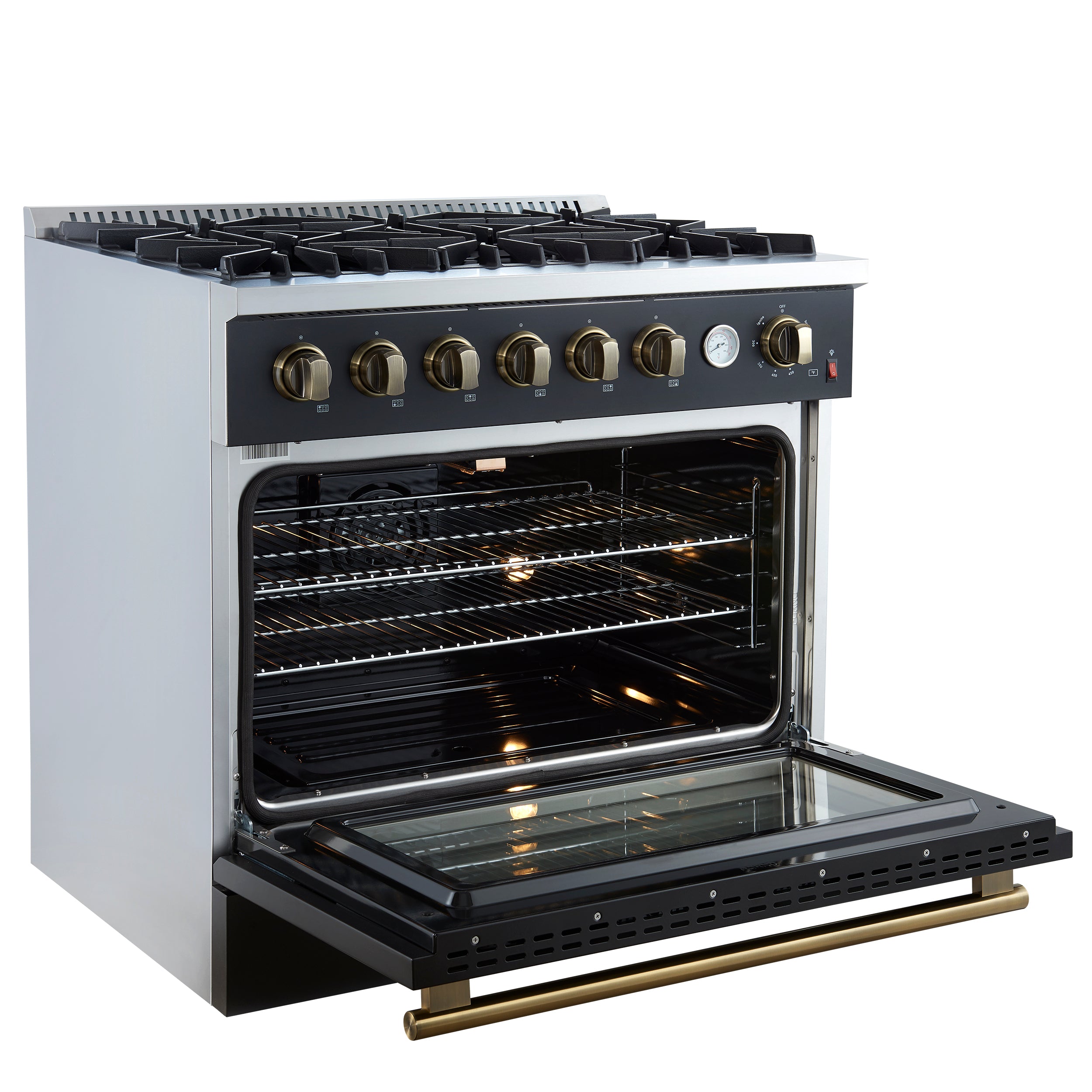 Marco 36-Inch Gas Range & Antique Brass Design, 6 Burners 67,000 BTU, 5.36 cu.ft. Convection Oven FFSGS627736BLK