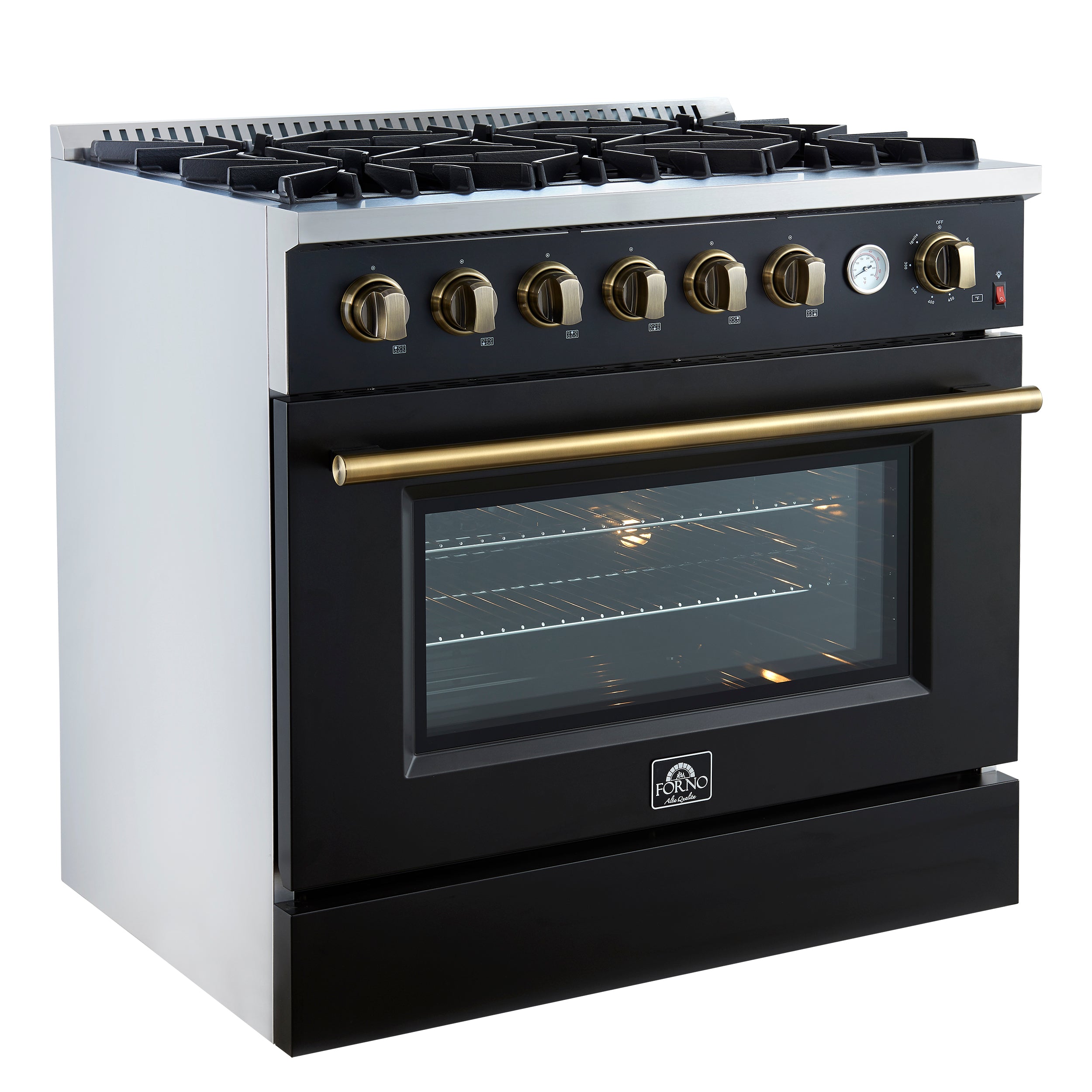 Marco 36-Inch Gas Range & Antique Brass Design, 6 Burners 67,000 BTU, 5.36 cu.ft. Convection Oven FFSGS627736BLK