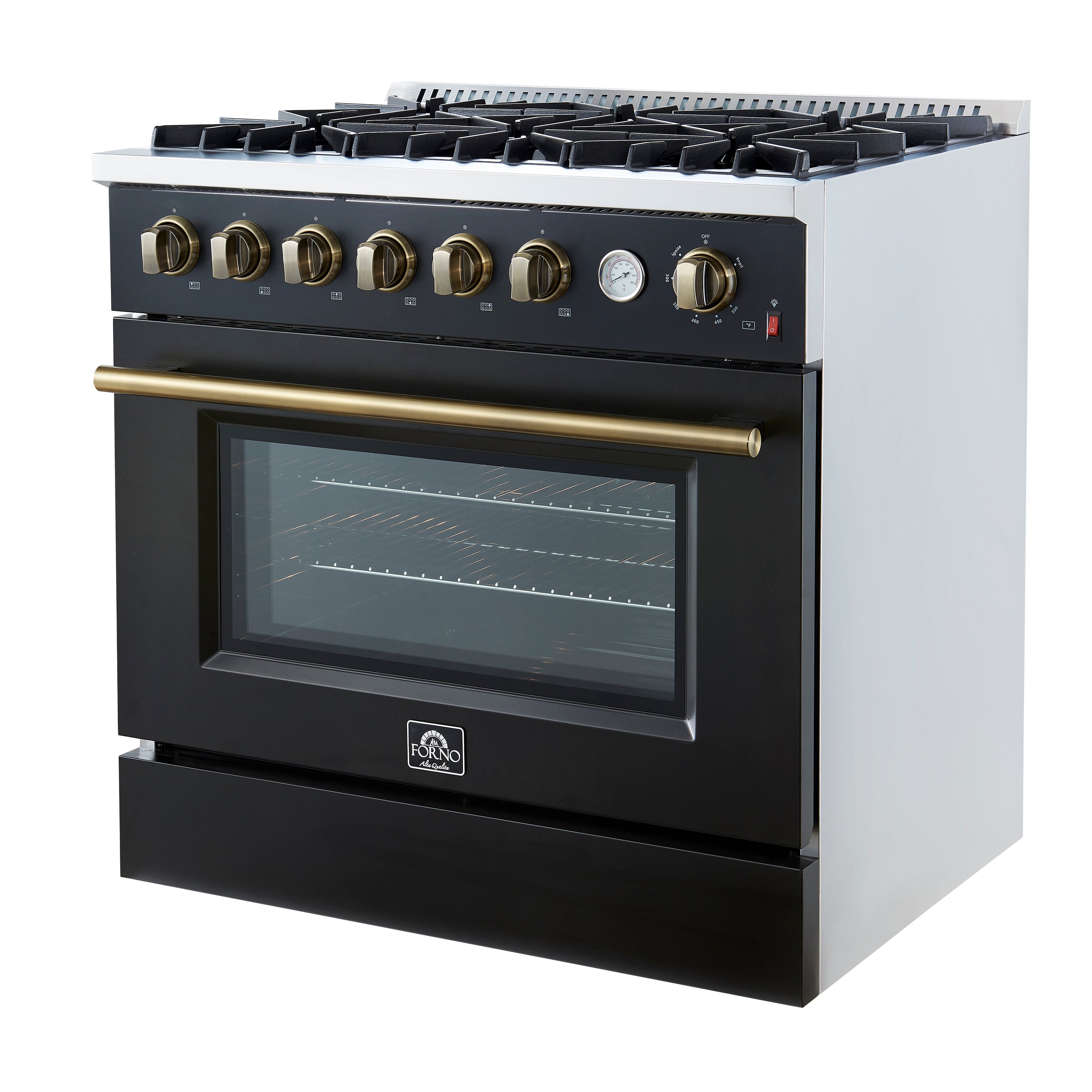 Marco 36-Inch Gas Range & Antique Brass Design, 6 Burners 67,000 BTU, 5.36 cu.ft. Convection Oven FFSGS627736BLK