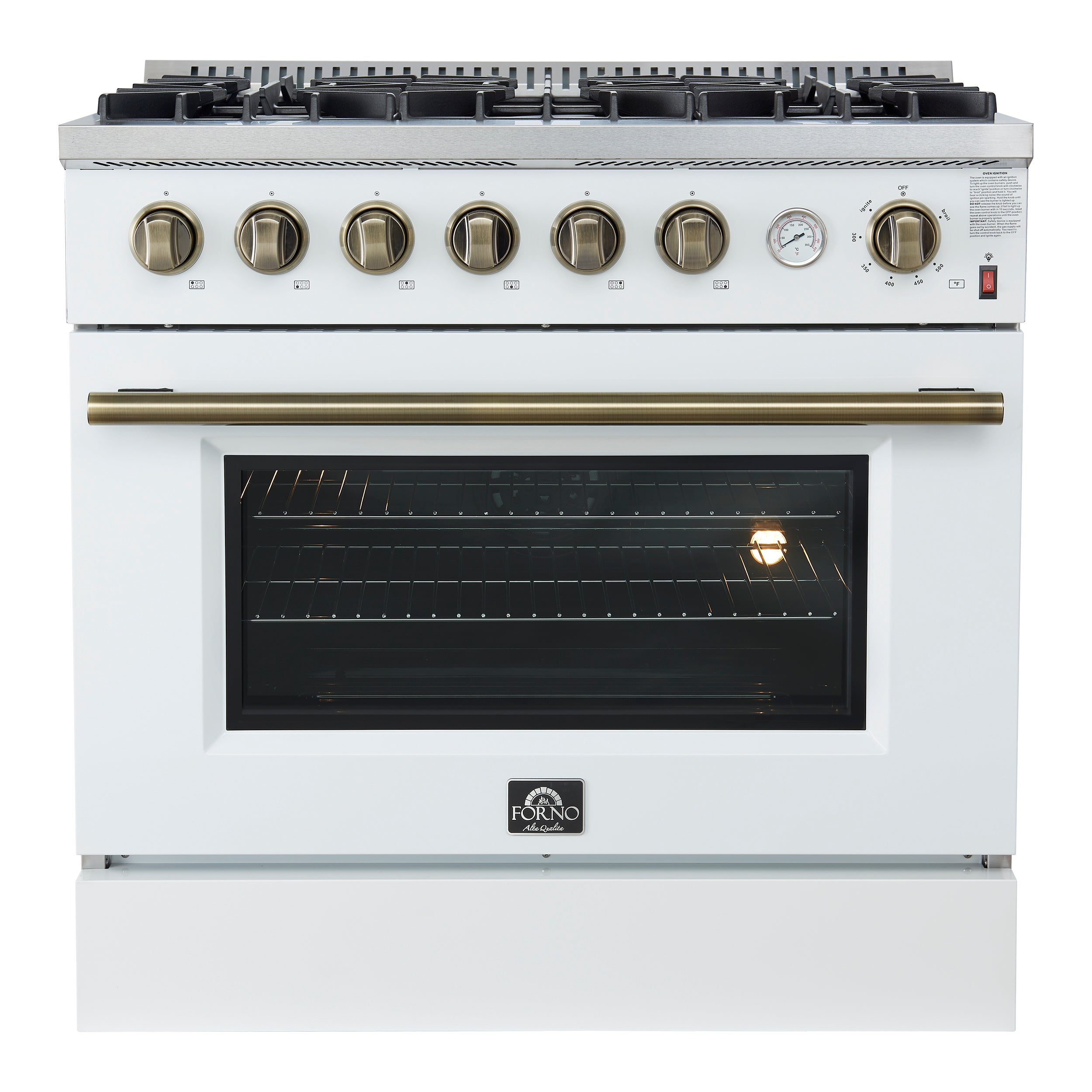 Marco 36-Inch Gas Range & Antique Brass Design, 6 Burners 67,000 BTU, 5.36 cu.ft. Convection Oven FFSGS627736WHT