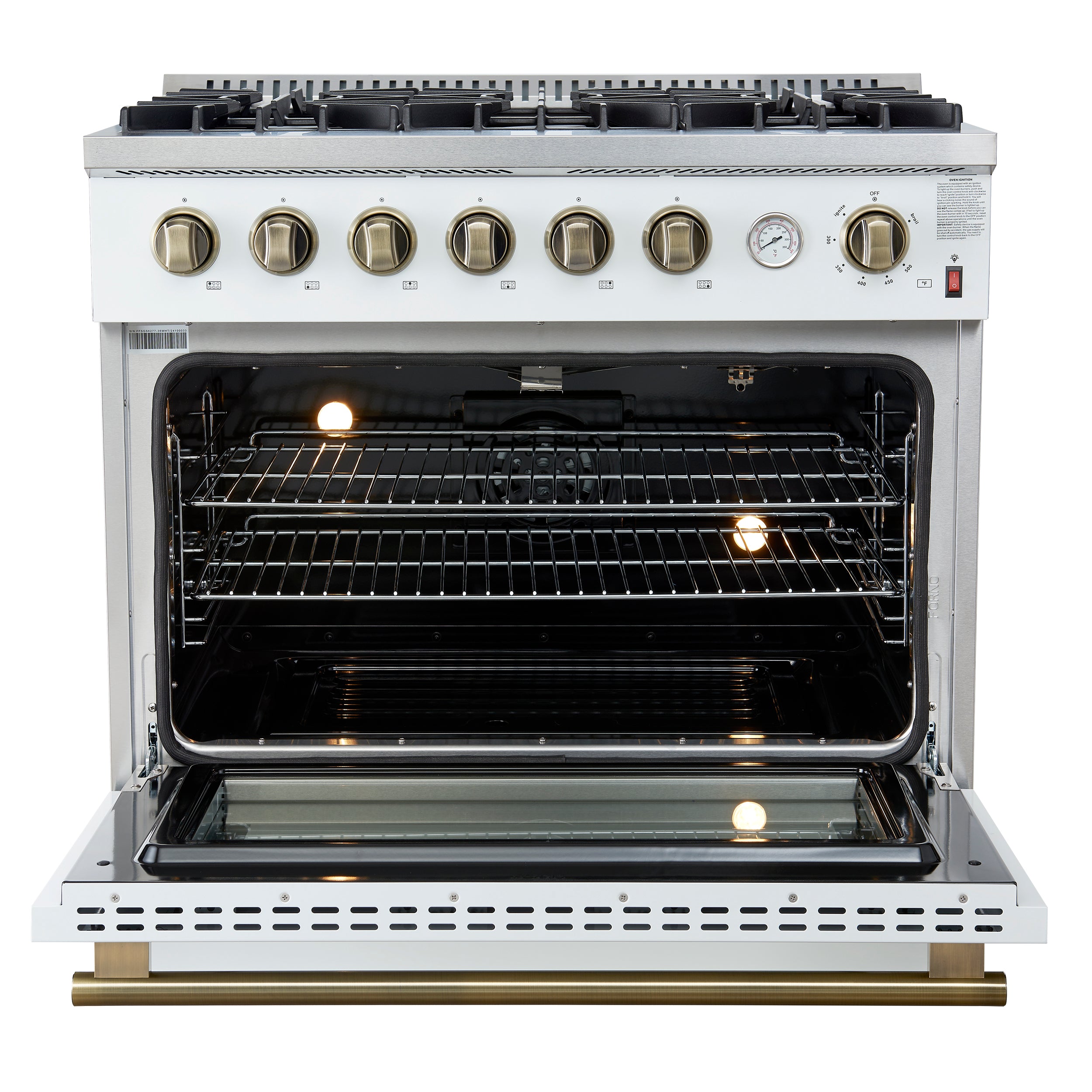 Marco 36-Inch Gas Range & Antique Brass Design, 6 Burners 67,000 BTU, 5.36 cu.ft. Convection Oven FFSGS627736WHT