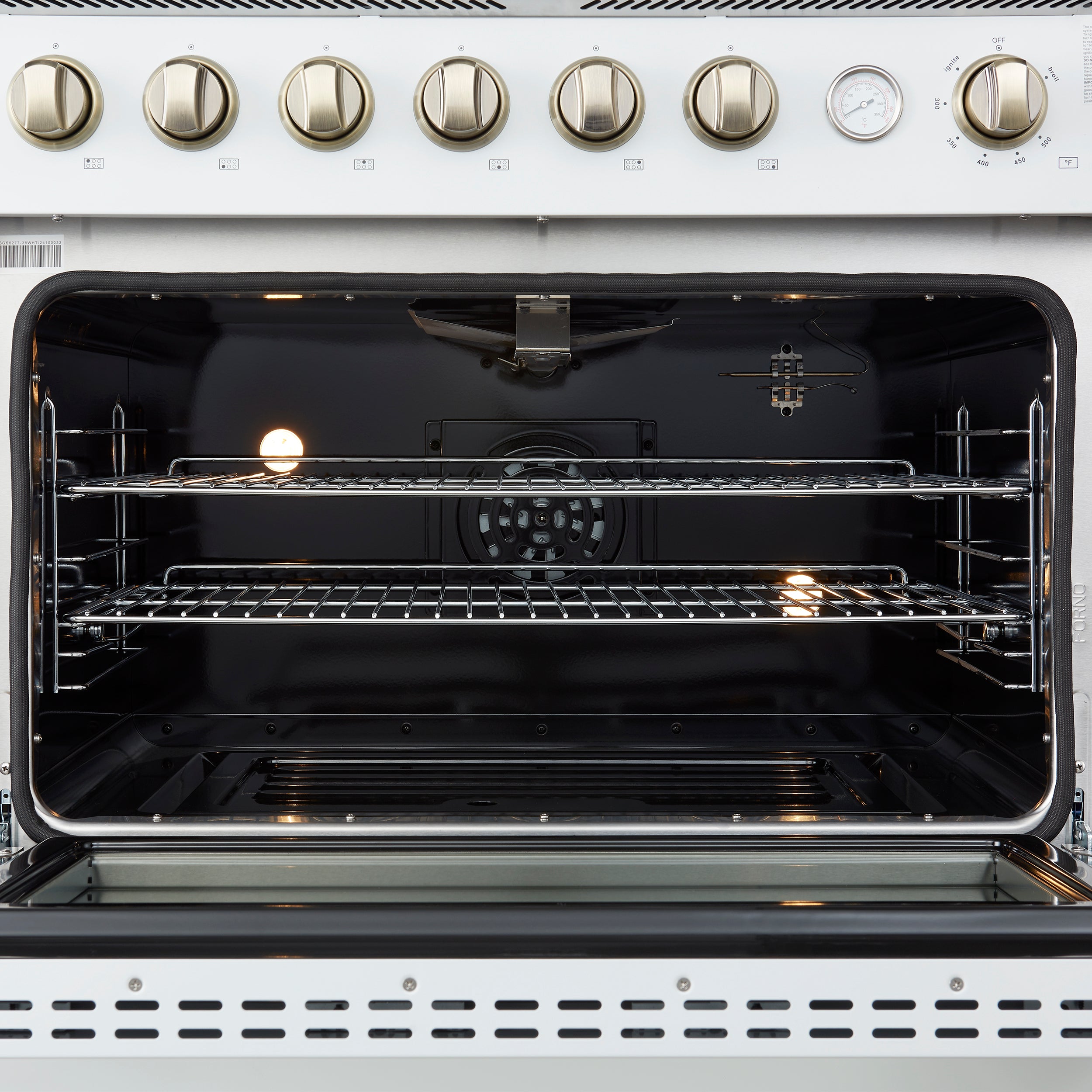 Marco 36-Inch Gas Range & Antique Brass Design, 6 Burners 67,000 BTU, 5.36 cu.ft. Convection Oven FFSGS627736WHT