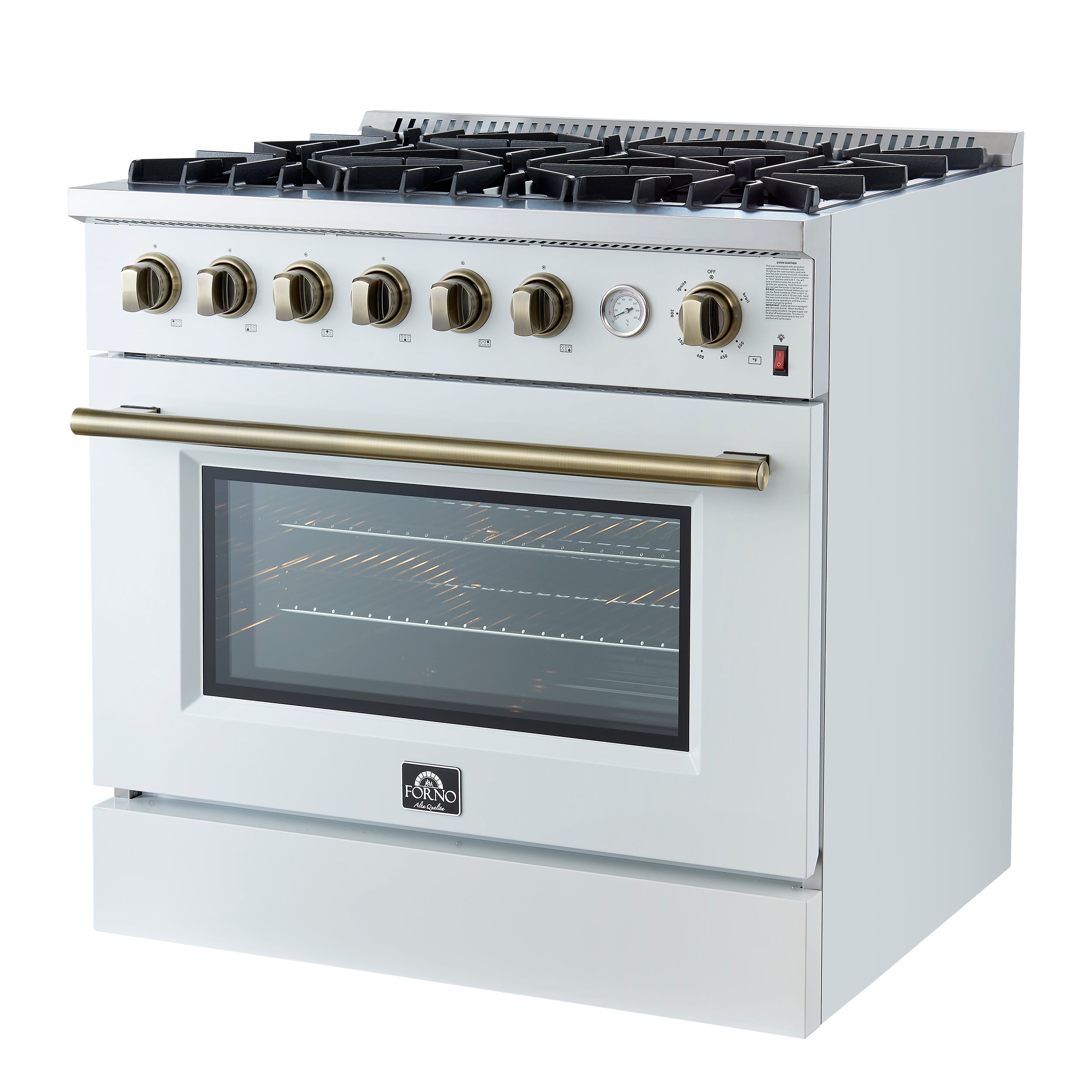 Marco 36-Inch Gas Range & Antique Brass Design, 6 Burners 67,000 BTU, 5.36 cu.ft. Convection Oven FFSGS627736WHT