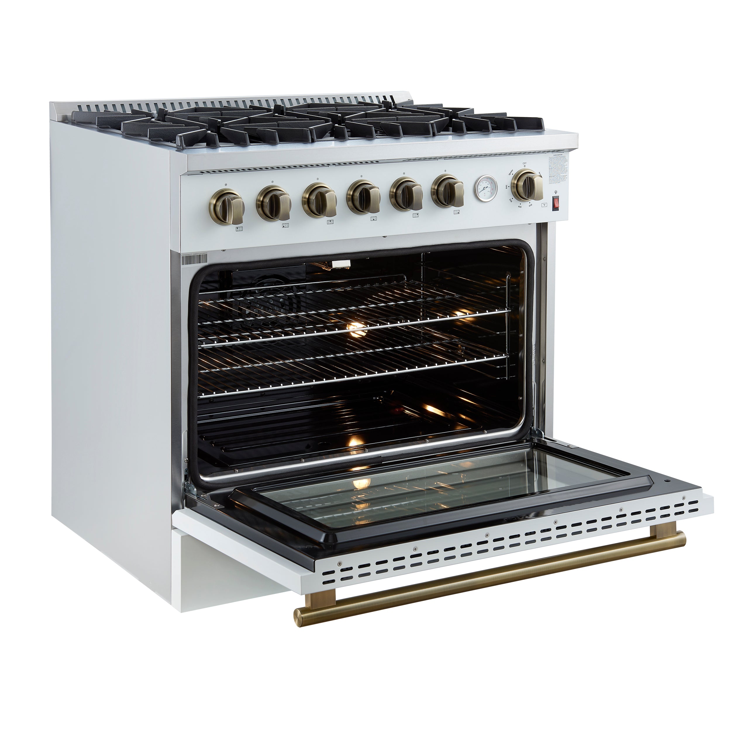 Marco 36-Inch Gas Range & Antique Brass Design, 6 Burners 67,000 BTU, 5.36 cu.ft. Convection Oven FFSGS627736WHT