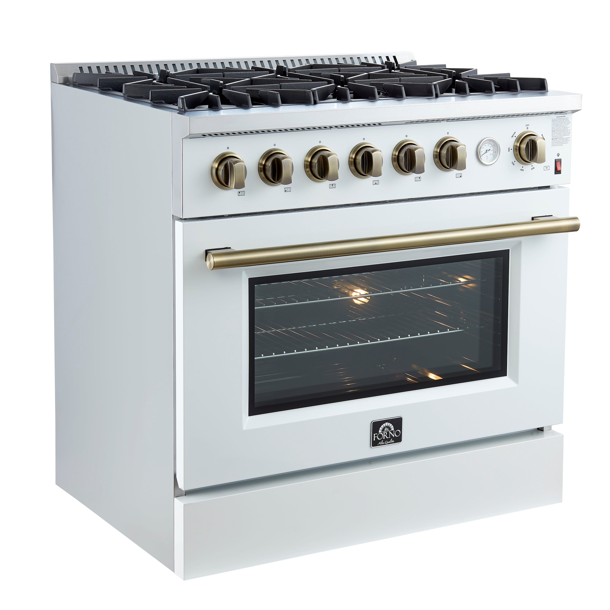 Marco 36-Inch Gas Range & Antique Brass Design, 6 Burners 67,000 BTU, 5.36 cu.ft. Convection Oven FFSGS627736WHT